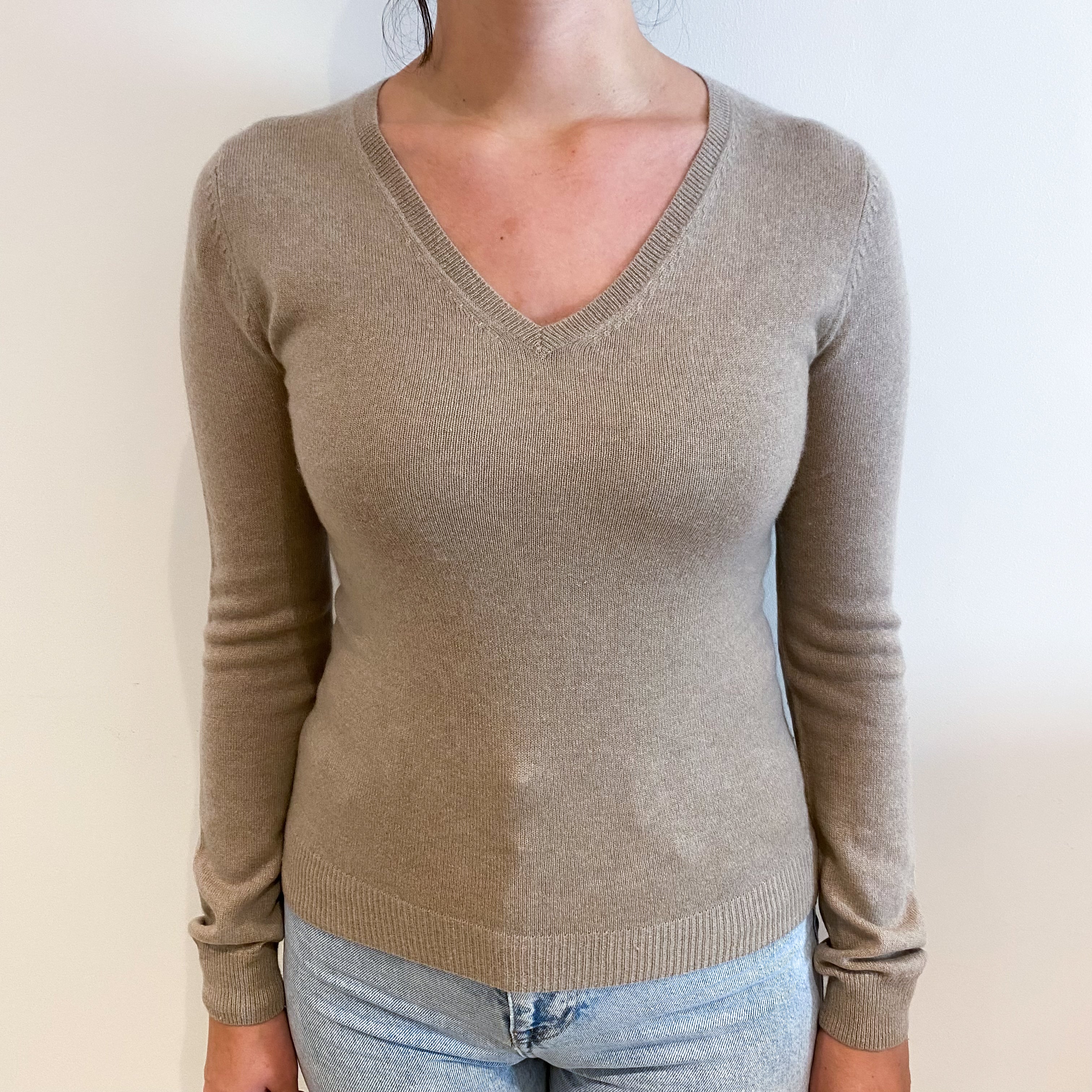 Fawn Beige Cashmere V-Neck Jumper Small