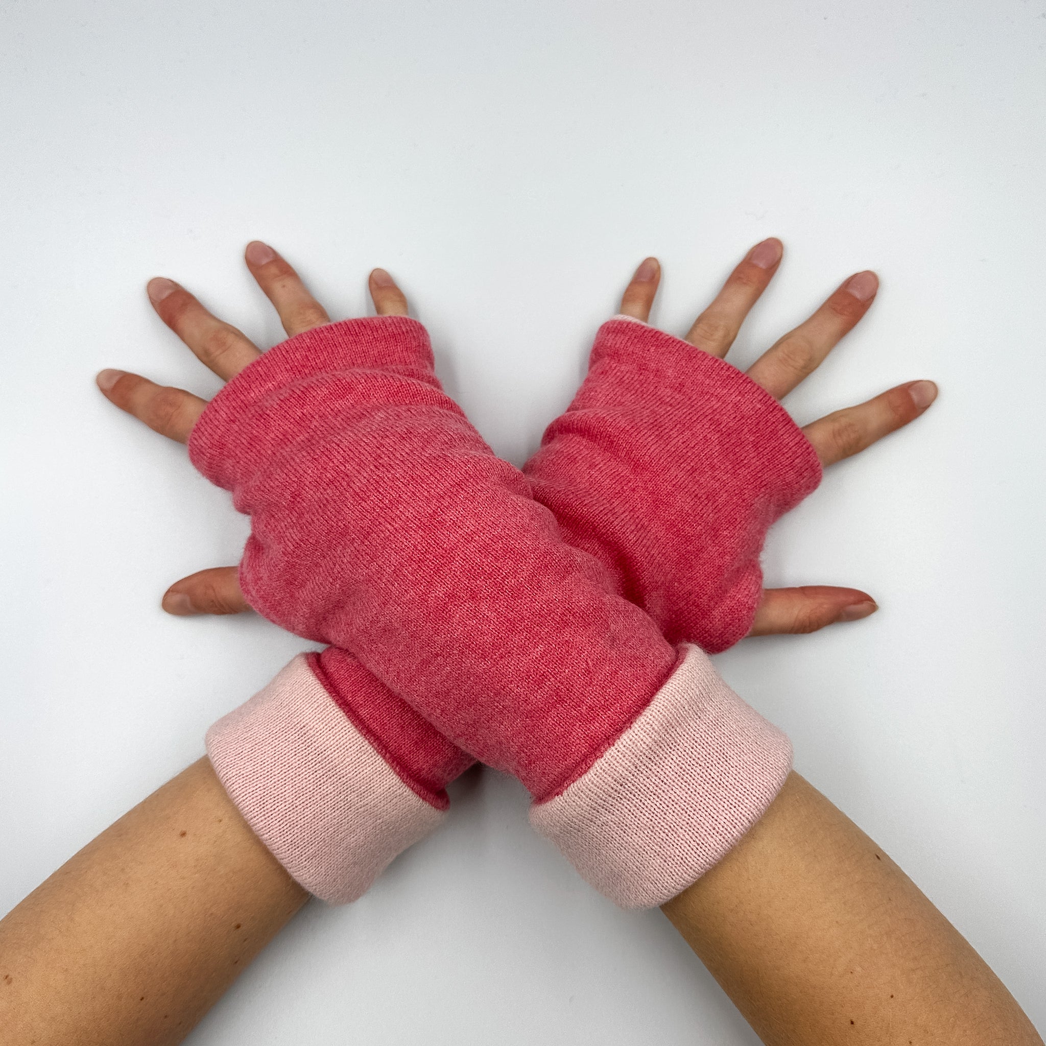 Rose Pink and Baby Pink Luxury Reversible Cashmere Fingerless Gloves