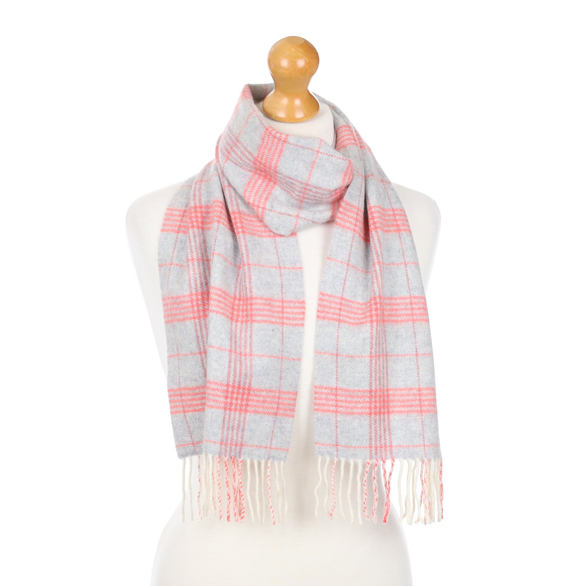 Grey and Coral Checked Fringed Cashmere Woven Scarf