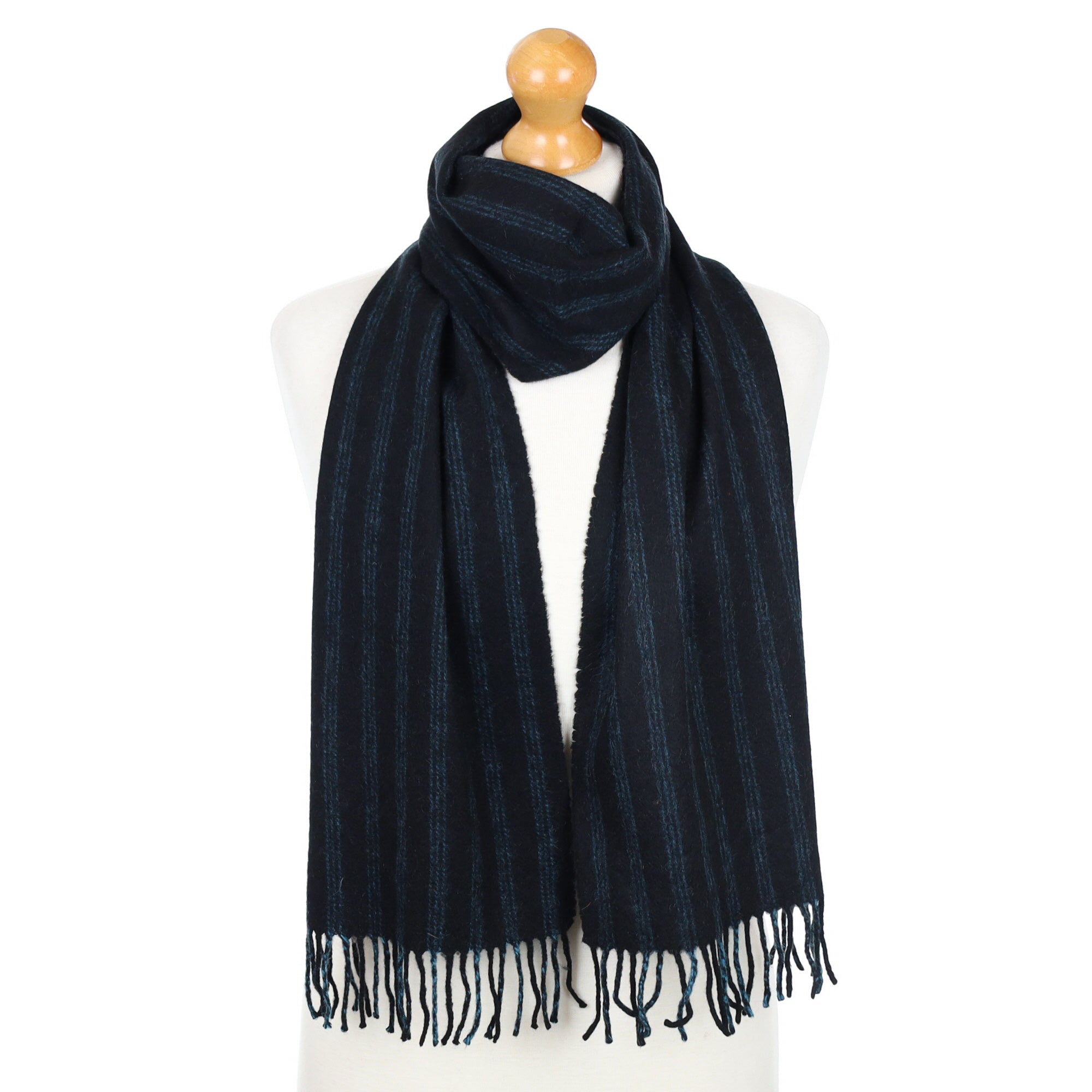 Black and Blue Striped Fringed Cashmere Woven Scarf