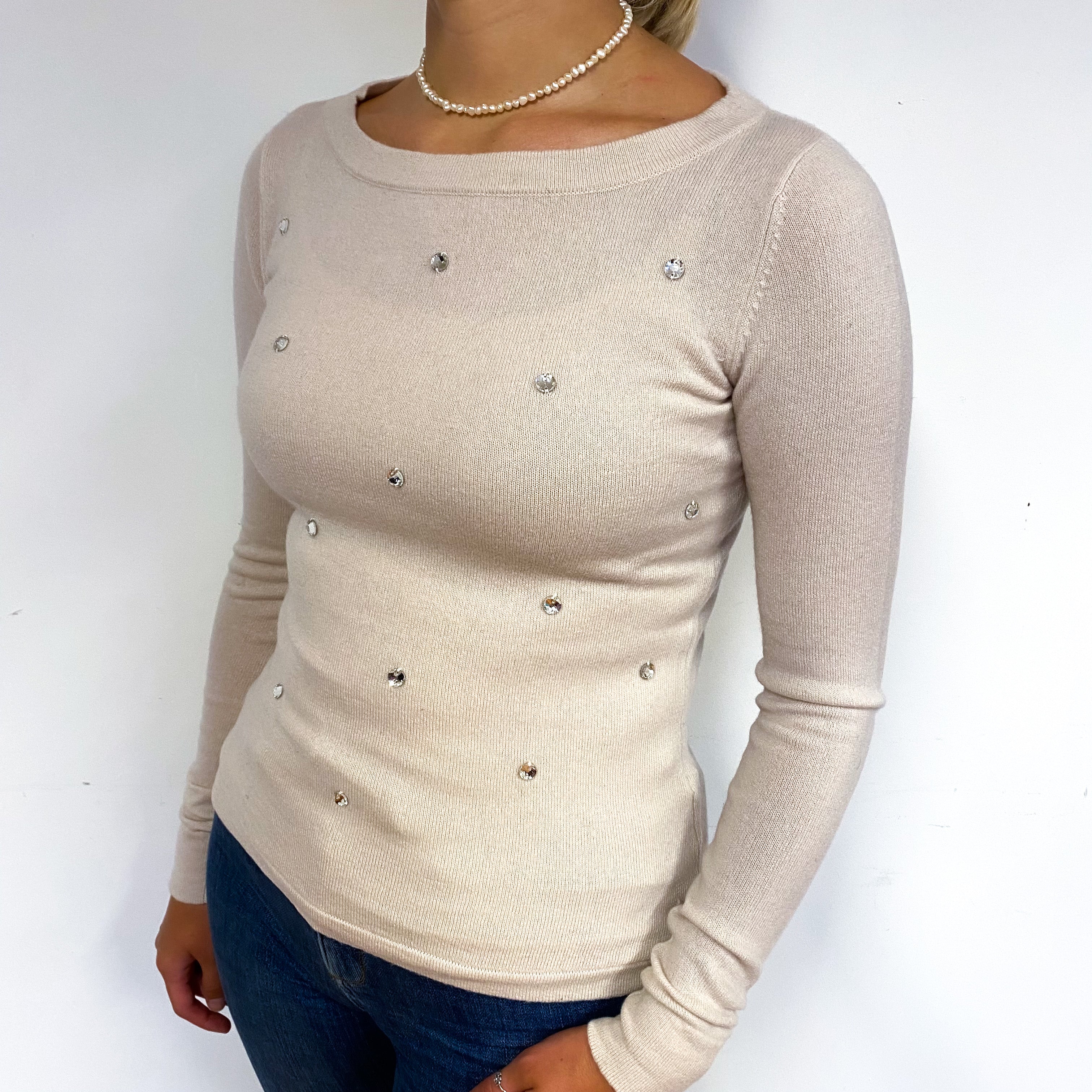 Palest Beige Diamanté Cashmere Crew Neck Jumper Small