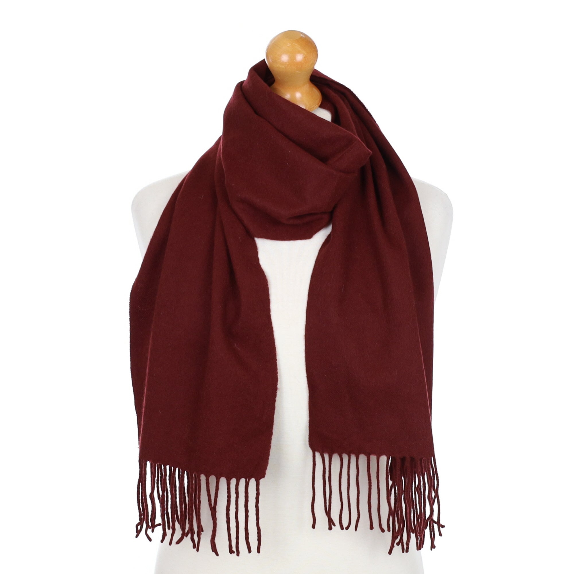 Wine Red Fringed Cashmere Woven Scarf