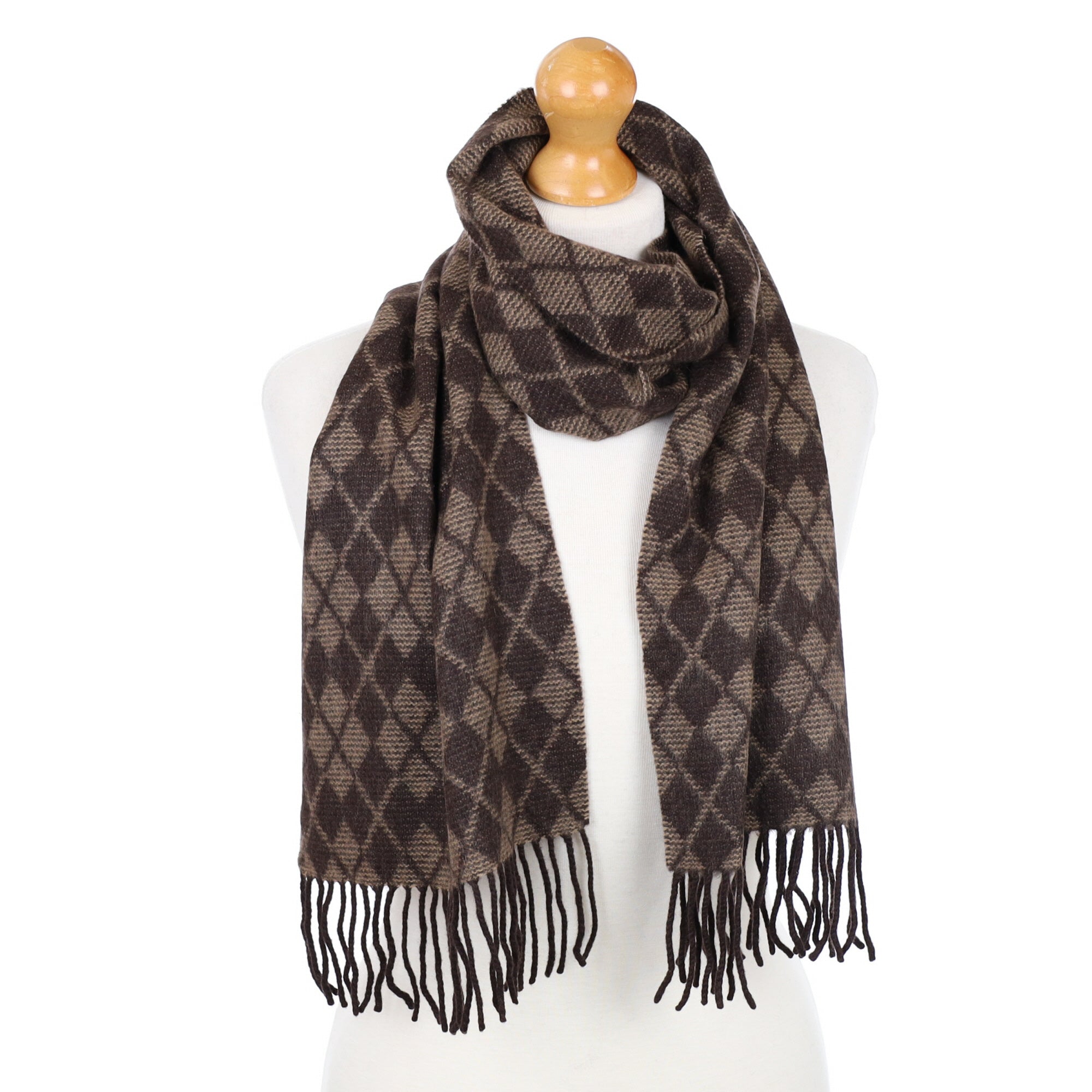 Brown Diamonds Fringed Cashmere Woven Scarf