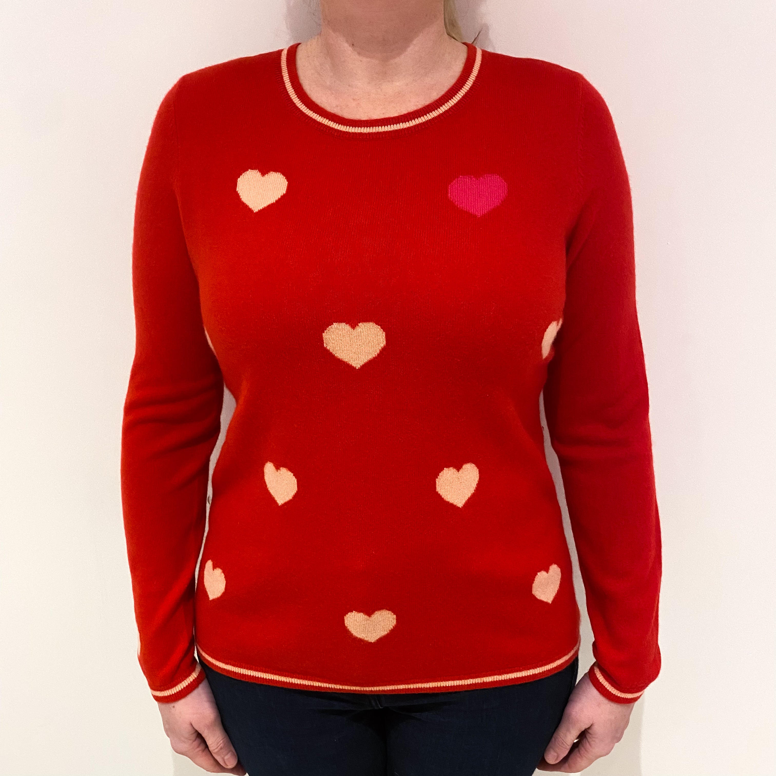 Scarlet Red Pink Heart Cashmere Crew Neck Jumper Large