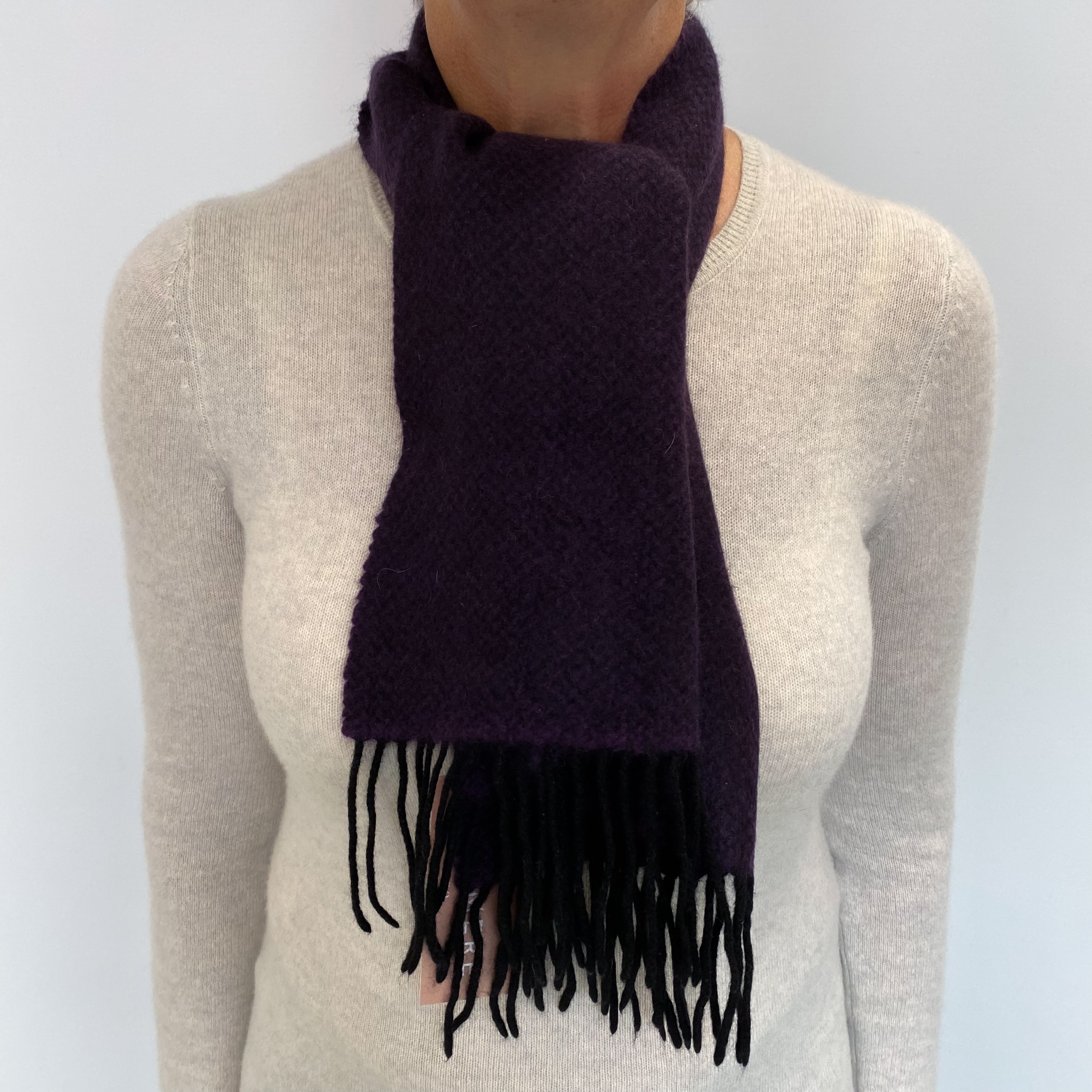 Deep Purple and Black Cashmere Woven Fringed Scarf