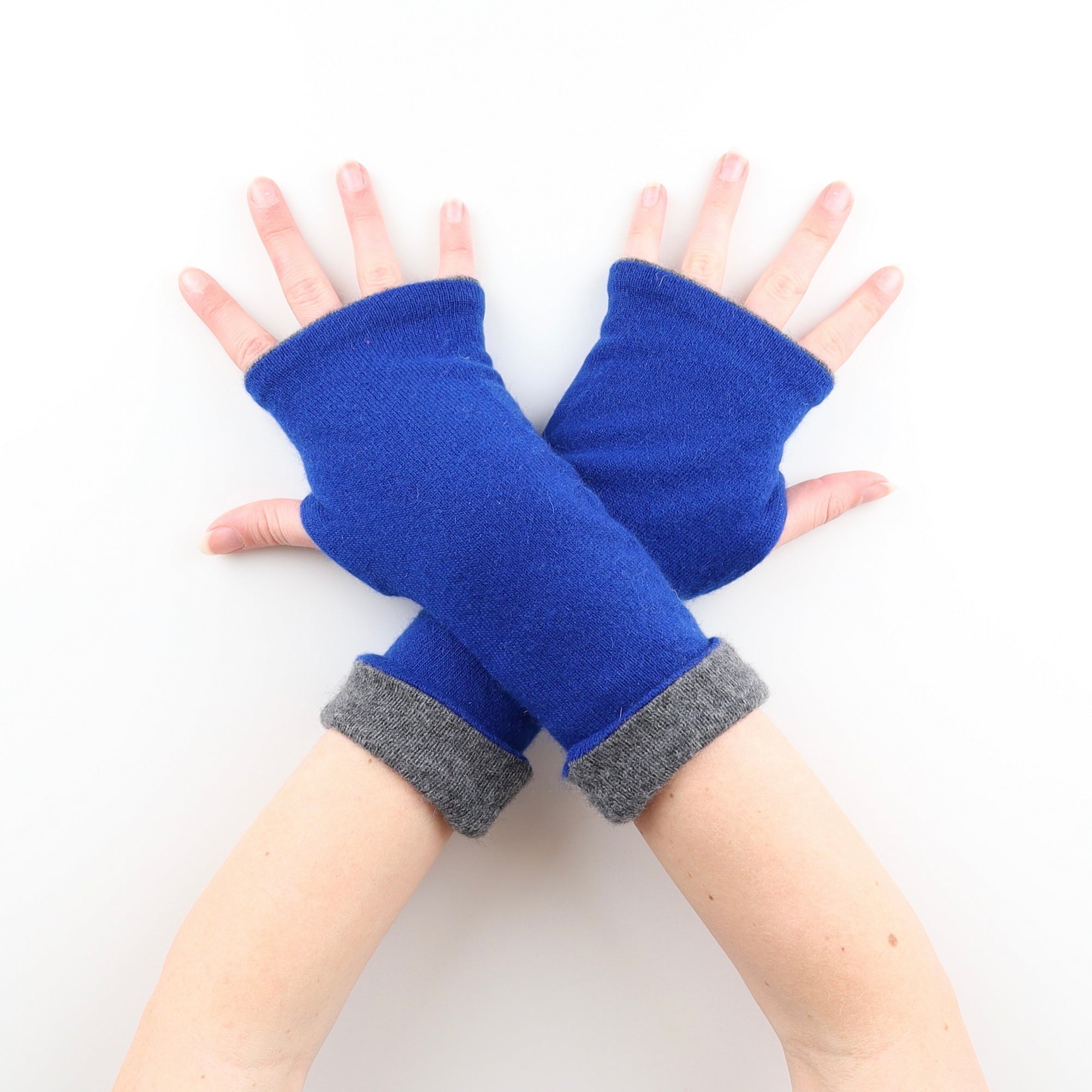 Cobalt Blue and Grey Reversible Cashmere Fingerless Gloves