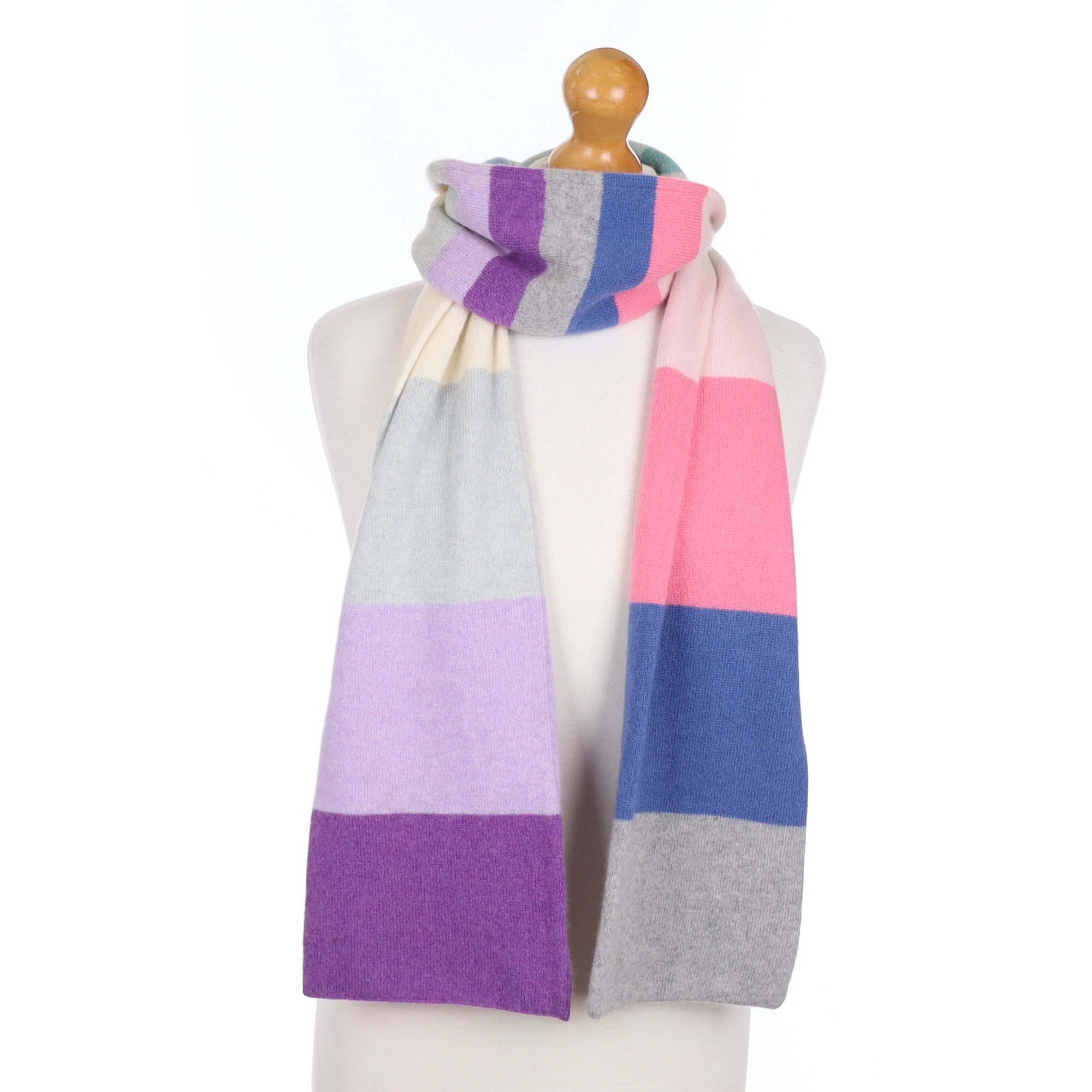 Multicoloured Striped Cashmere Fringed Knitted Scarf