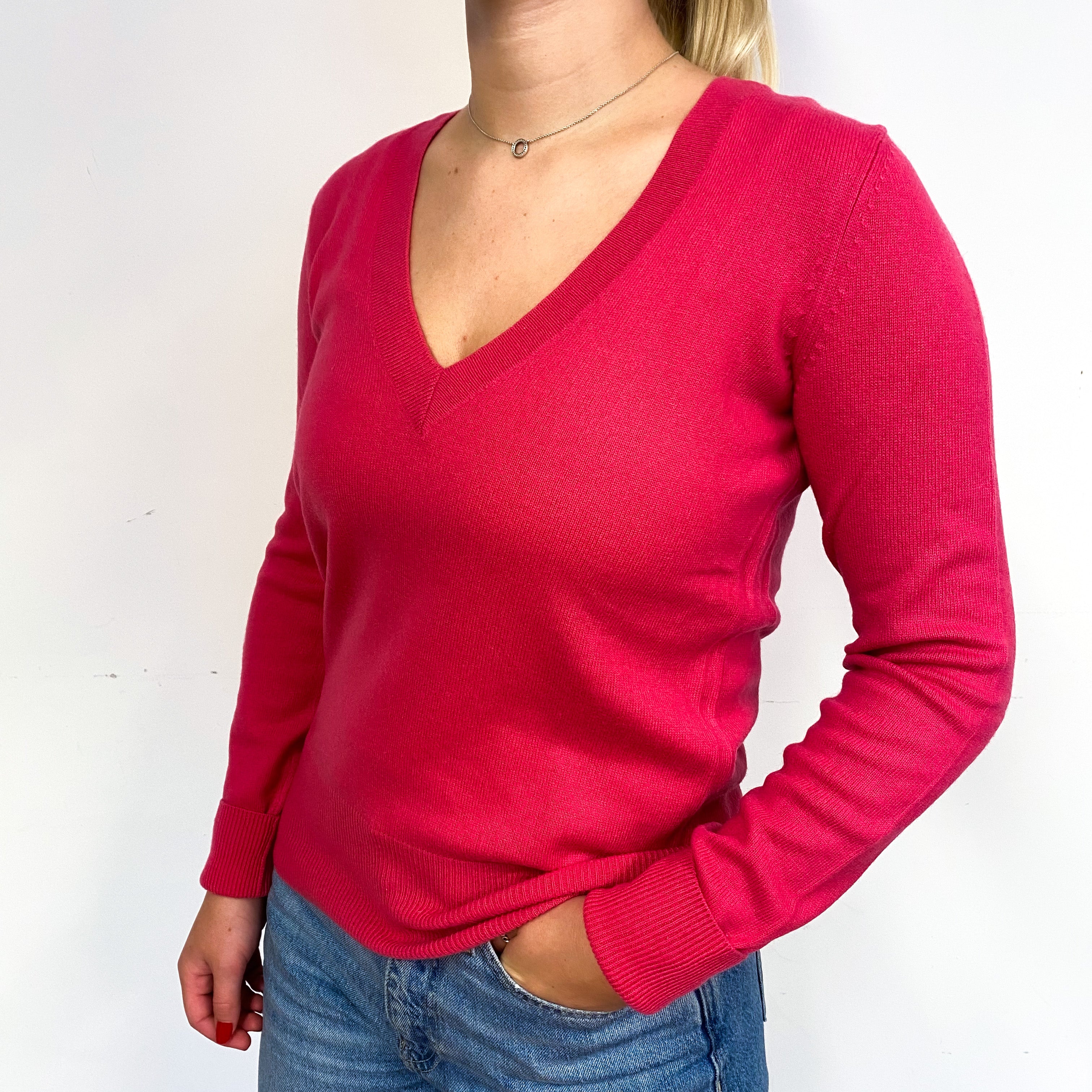 Cerise Pink V Neck Jumper Small