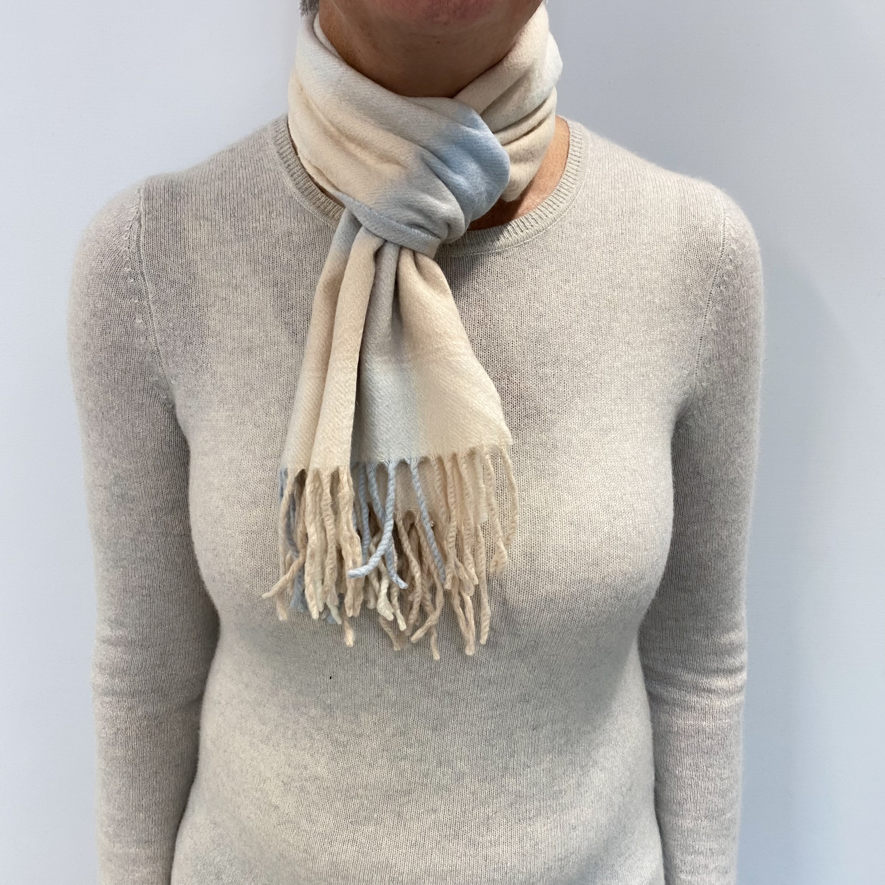 Powder Blue Beige Checked Cashmere Woven Fringed Scarf