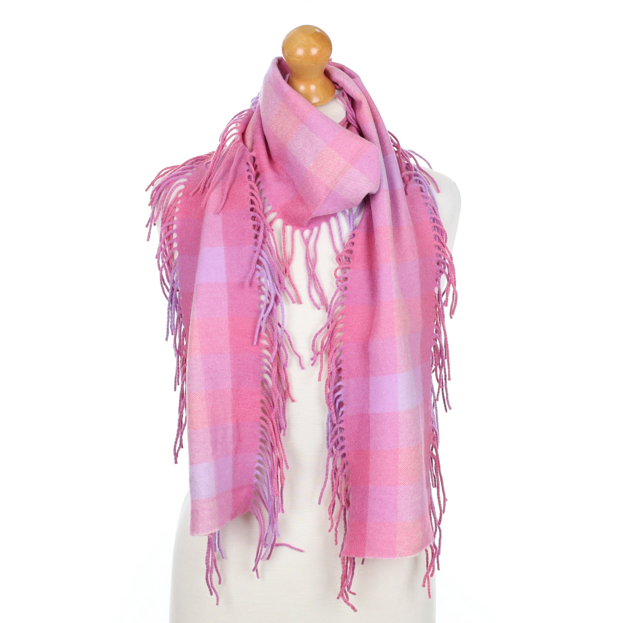 Pink and Lavender Checked Tasseled Edge Cashmere Woven Scarf