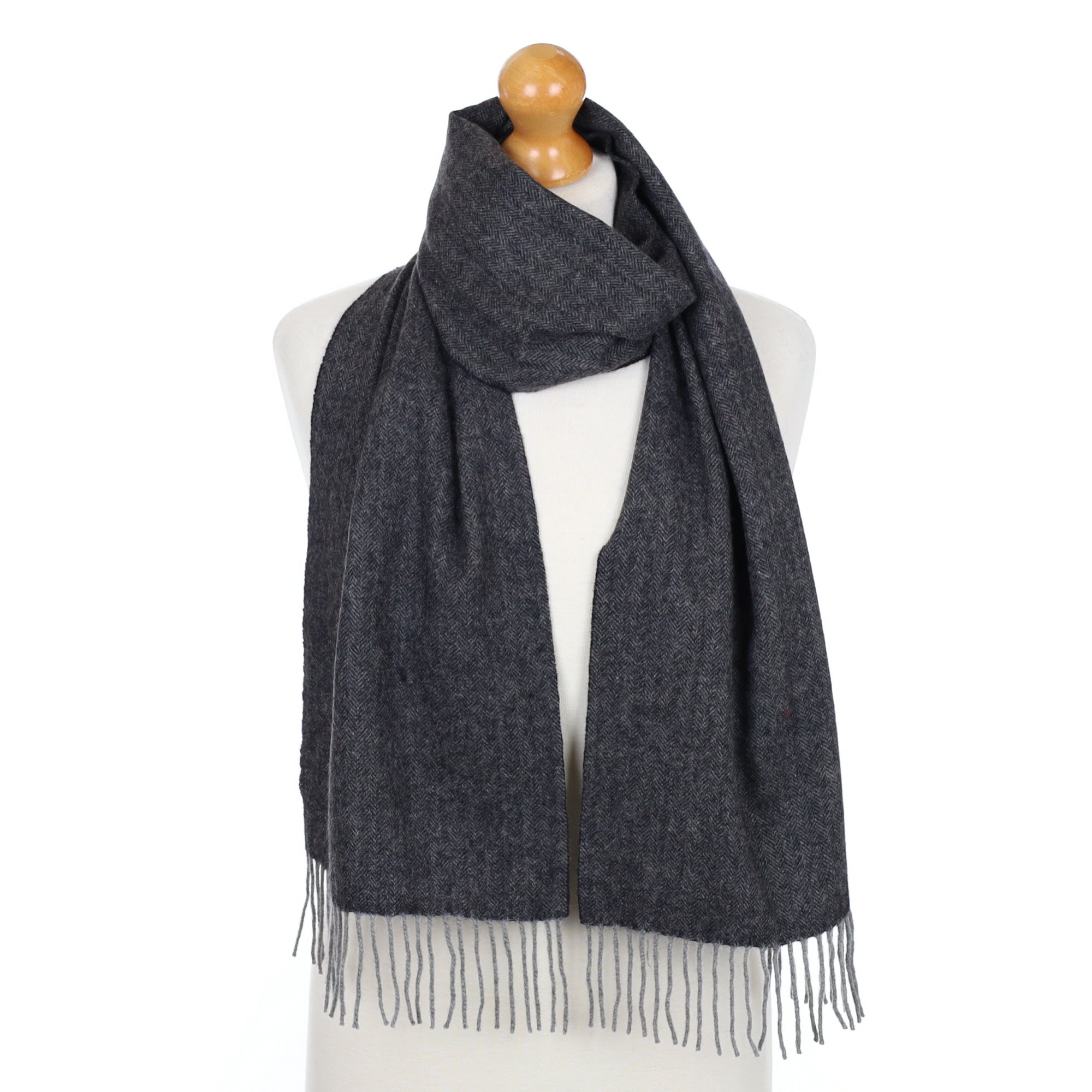 Charcoal Grey Herringbone Fringed Cashmere Woven Scarf