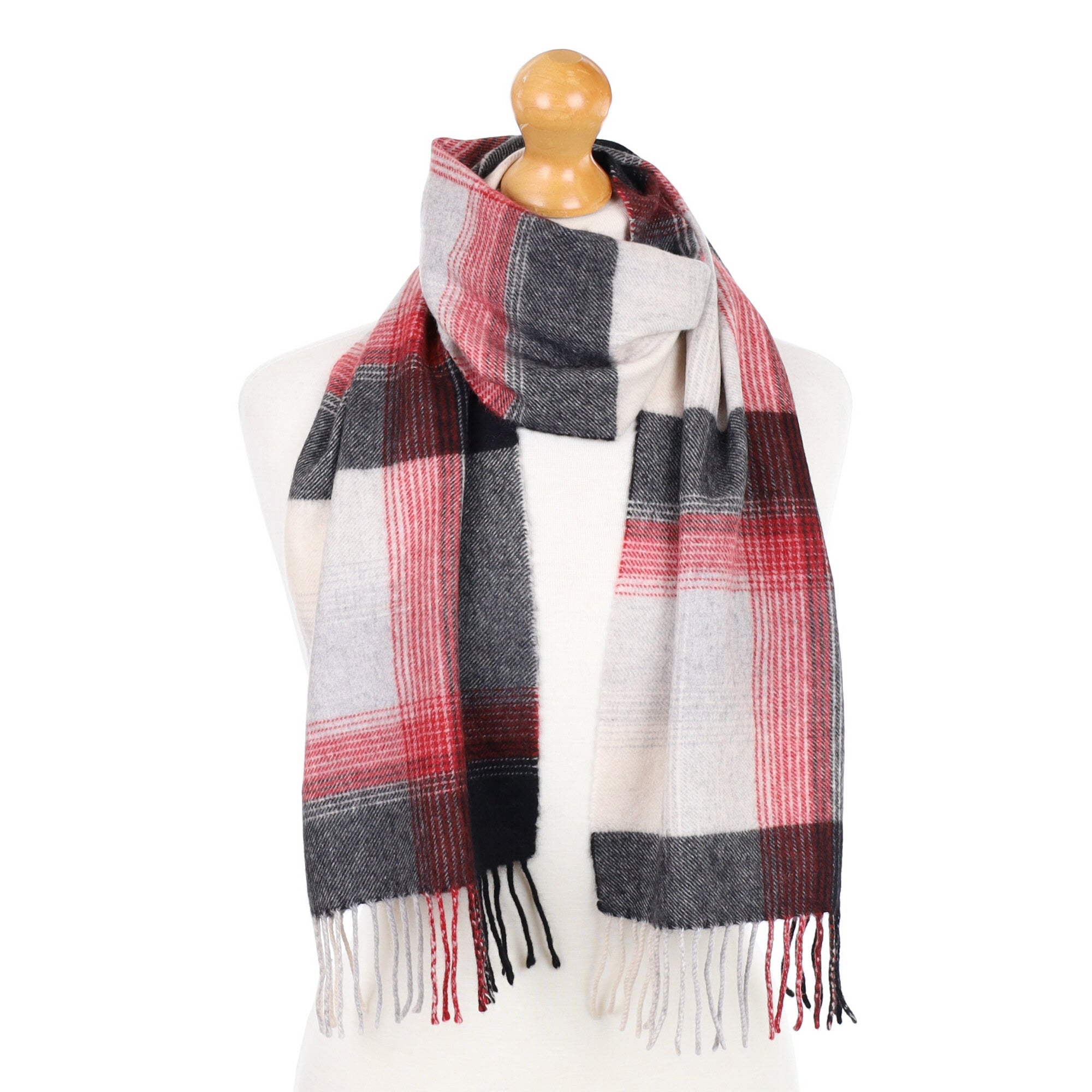 Grey and Red Checked Fringed Cashmere Woven Scarf