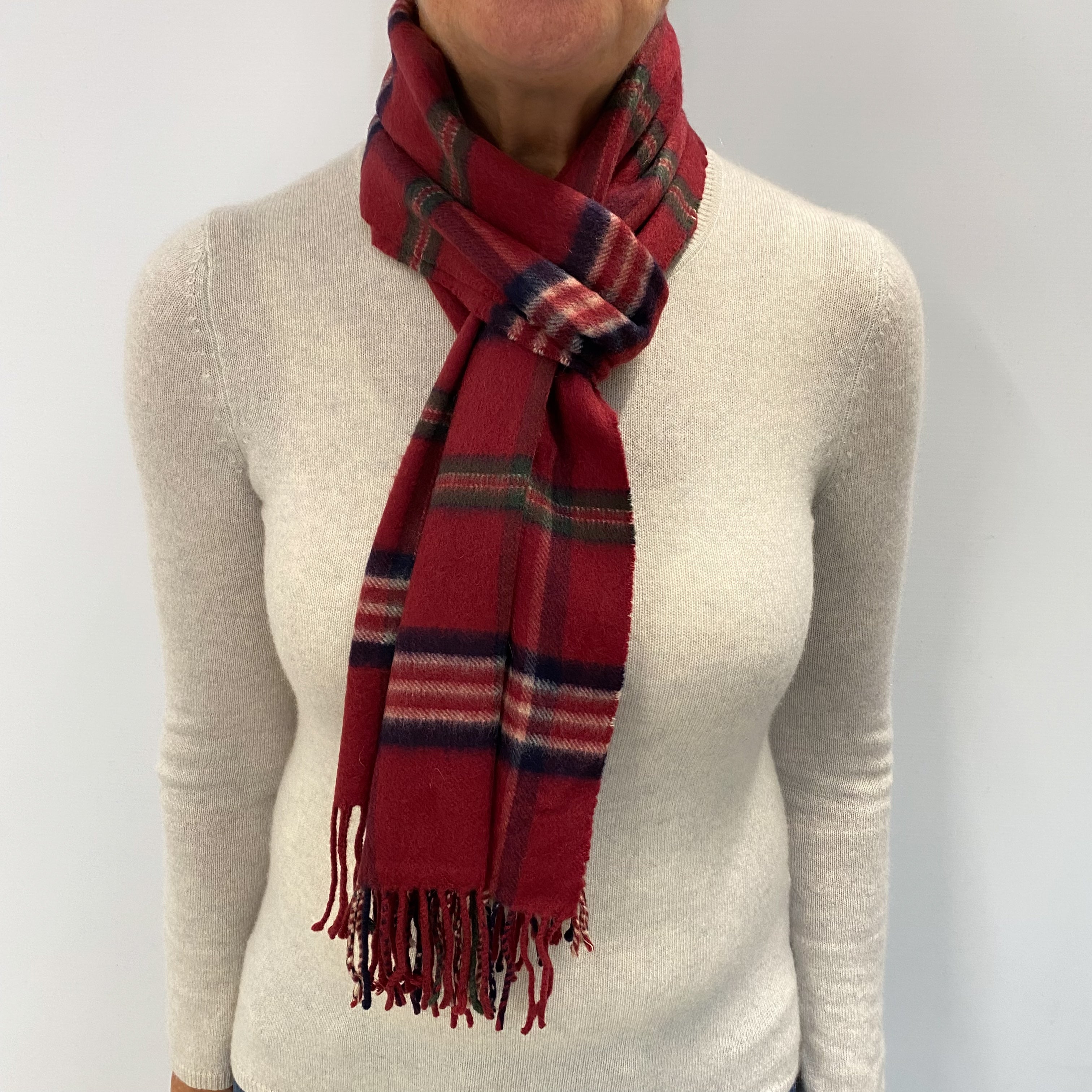 Pringle Red and Navy Checked Cashmere Woven Fringed Scarf