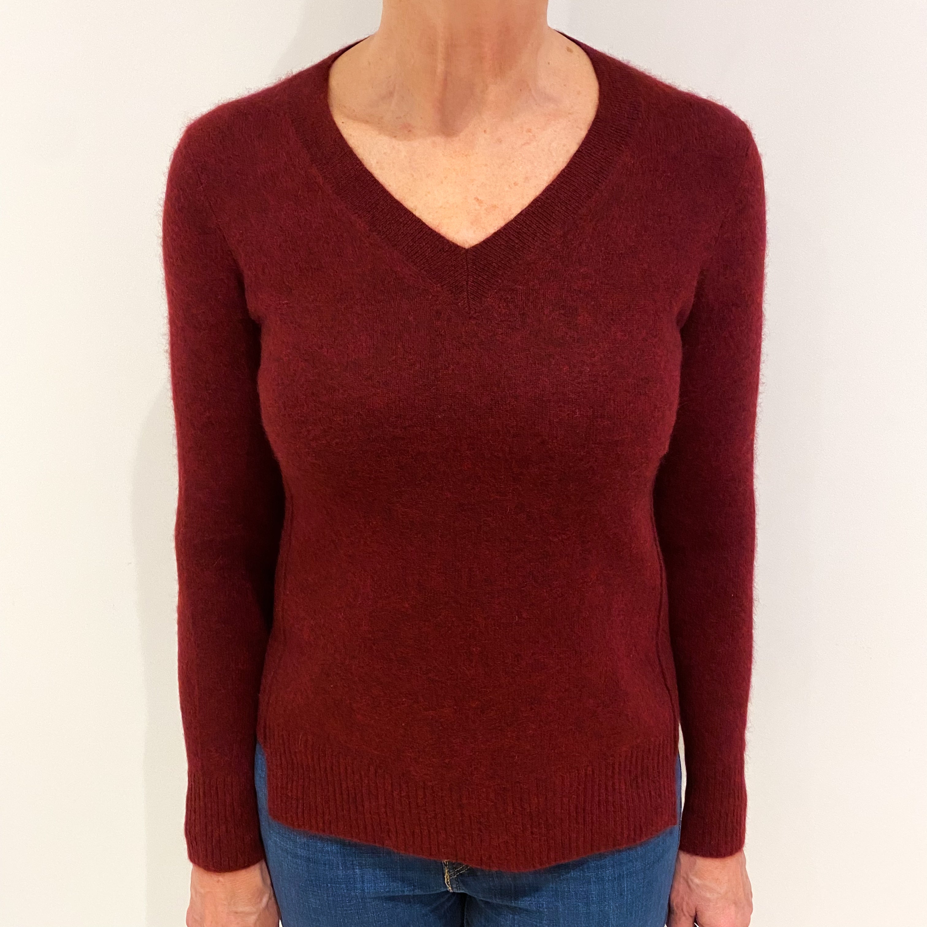 Wine Red Marl Cashmere V Neck Jumper Medium