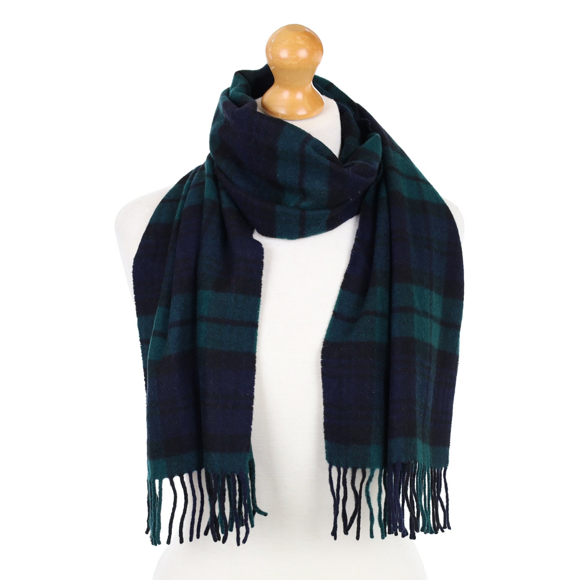 Navy and Green Tartan Fringed Cashmere Woven Scarf