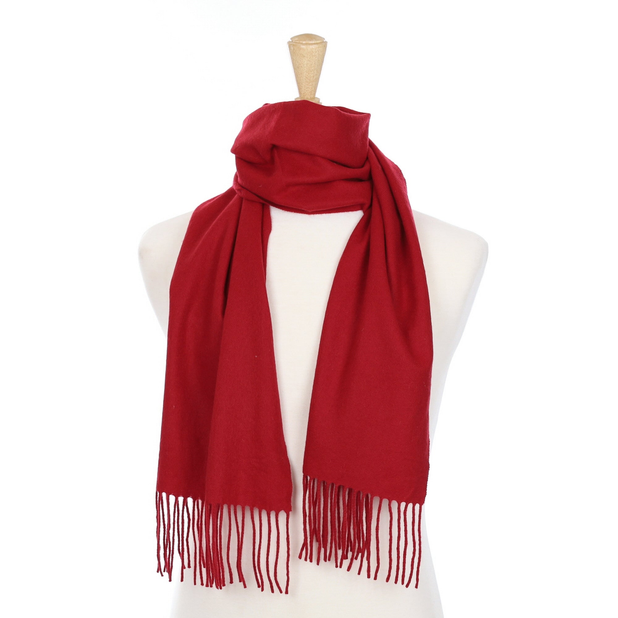 Crimson Red Cashmere Fringed Woven Scarf