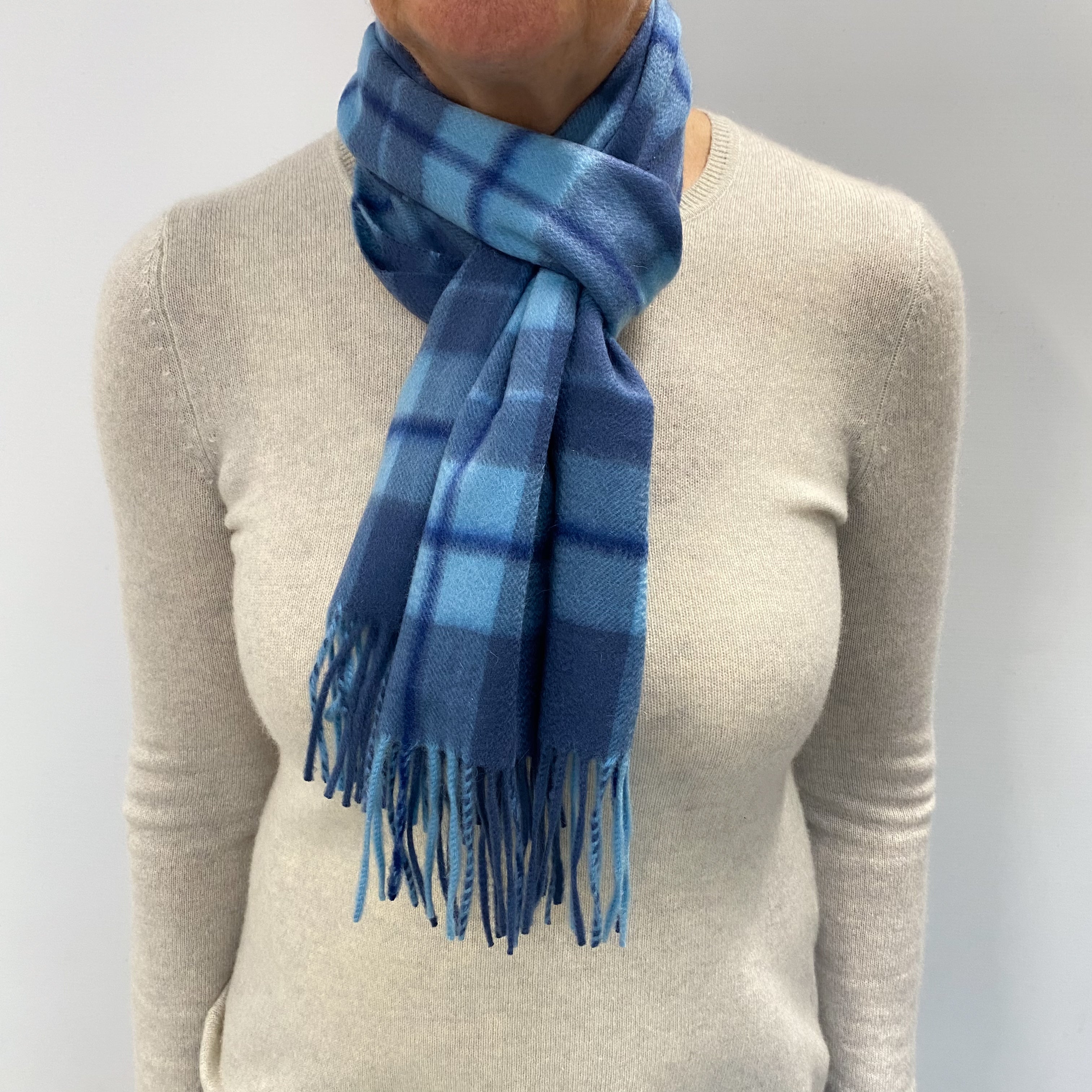 New Blue Checked Cashmere Woven Fringed Scarf