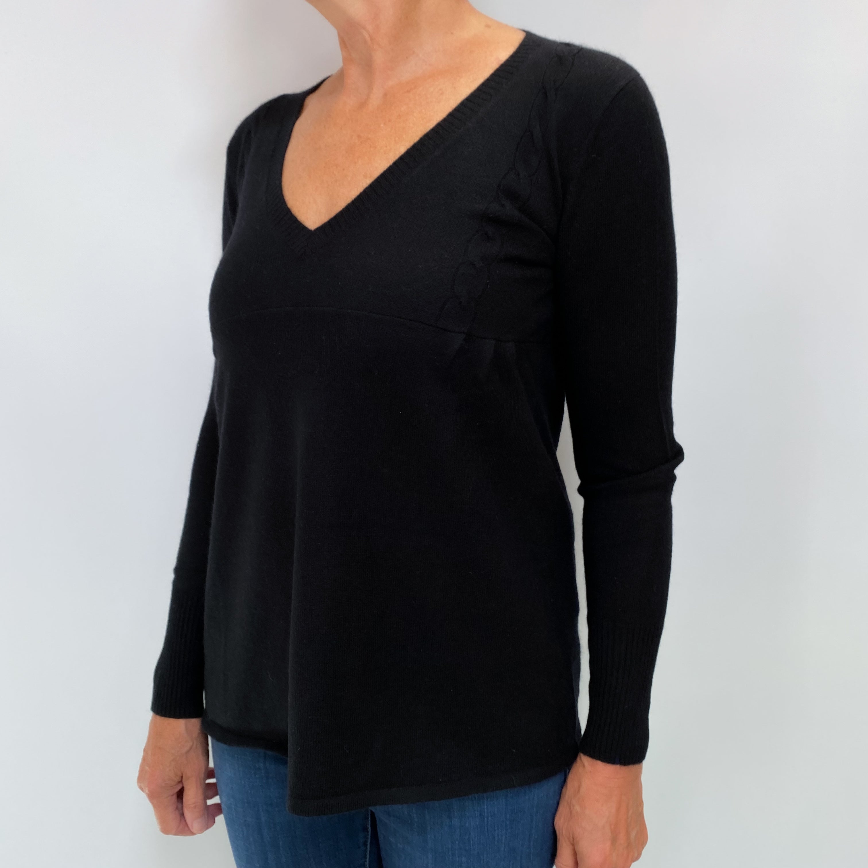 Black Cashmere V Neck Longline Jumper Medium