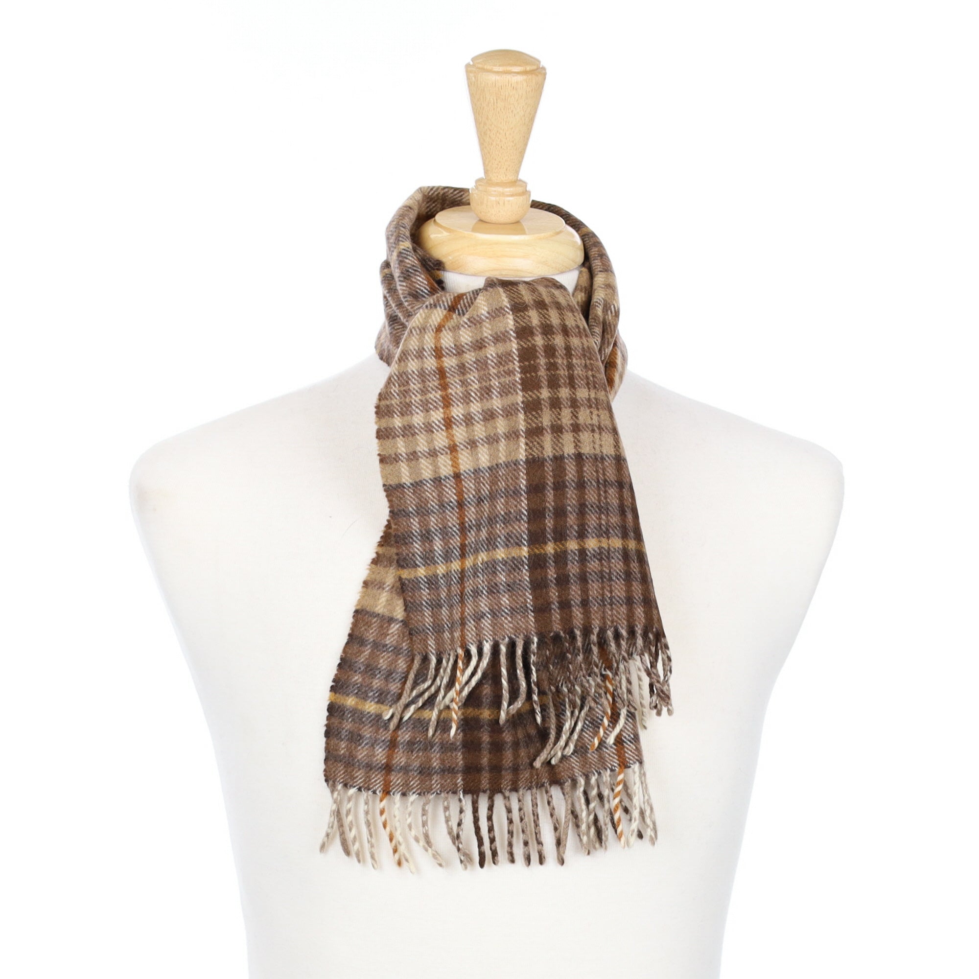 Brown Checked Cashmere Fringed Woven Scarf