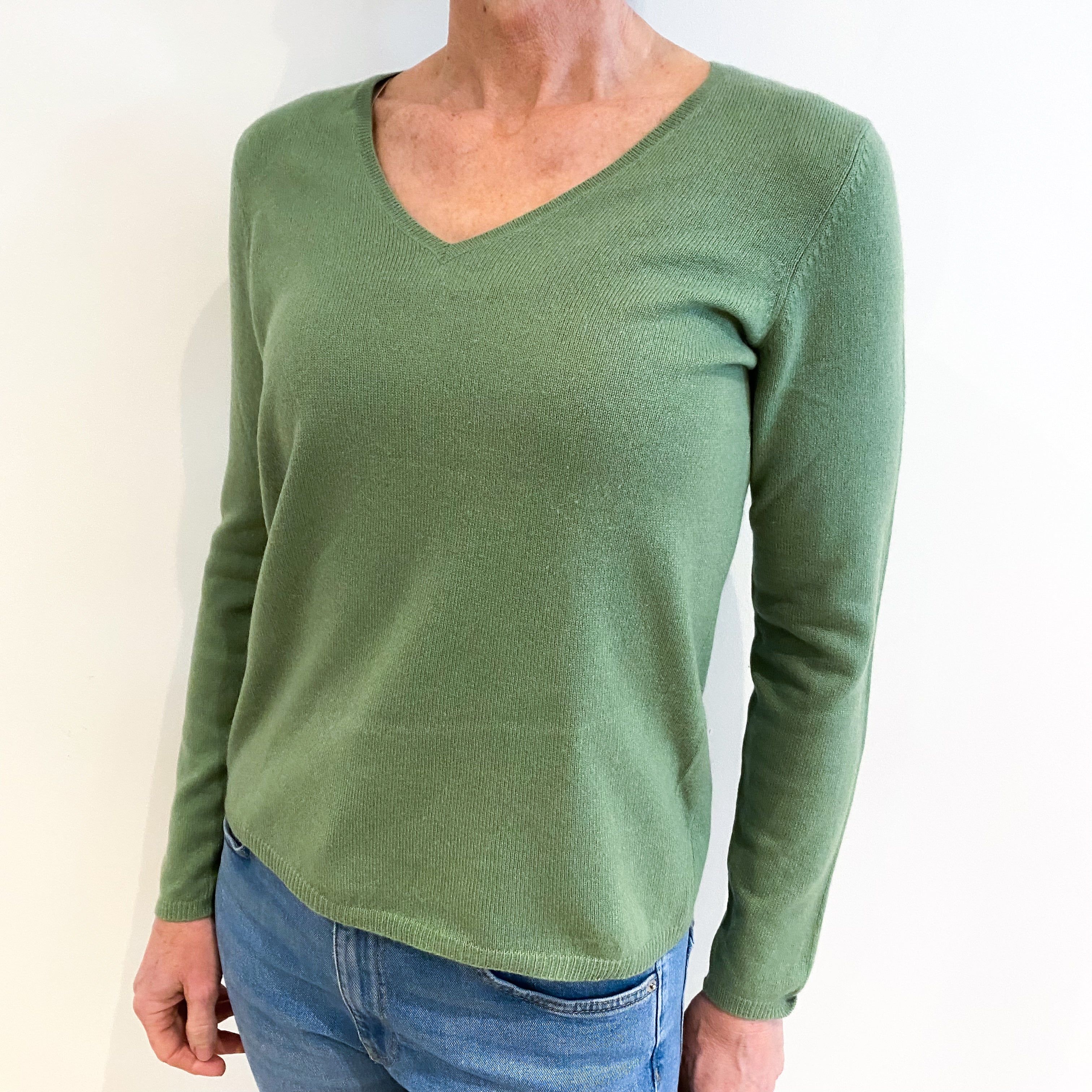 Pickle Green Cashmere V Neck Jumper Small