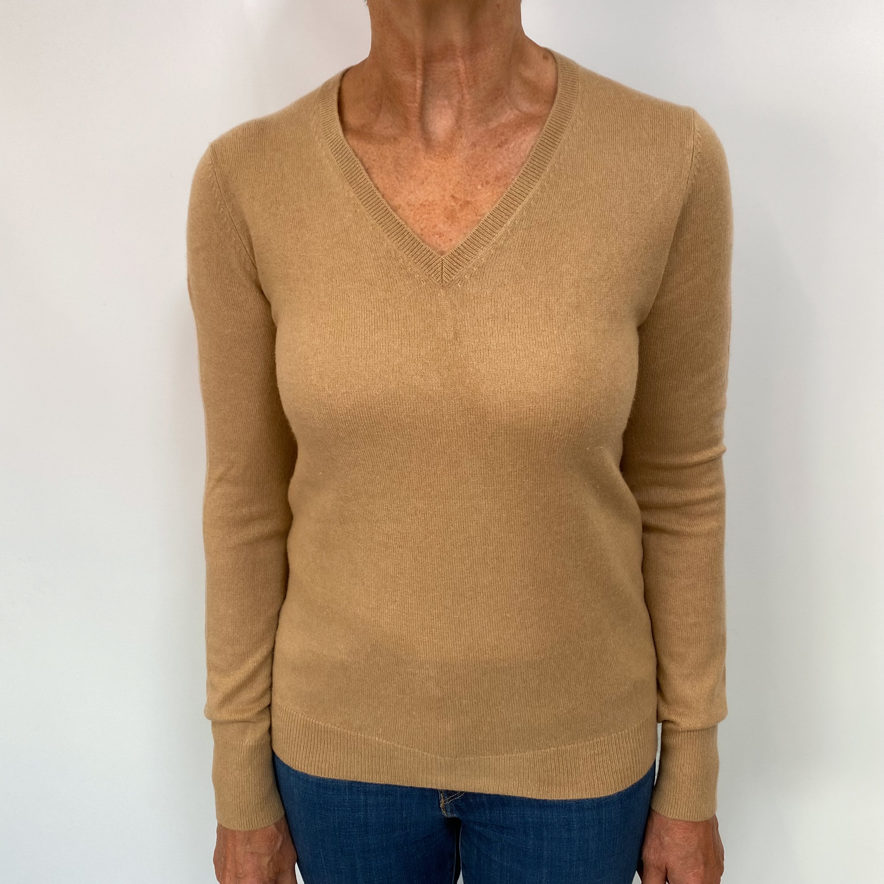 Caramel Brown Cashmere V Neck Jumper Medium