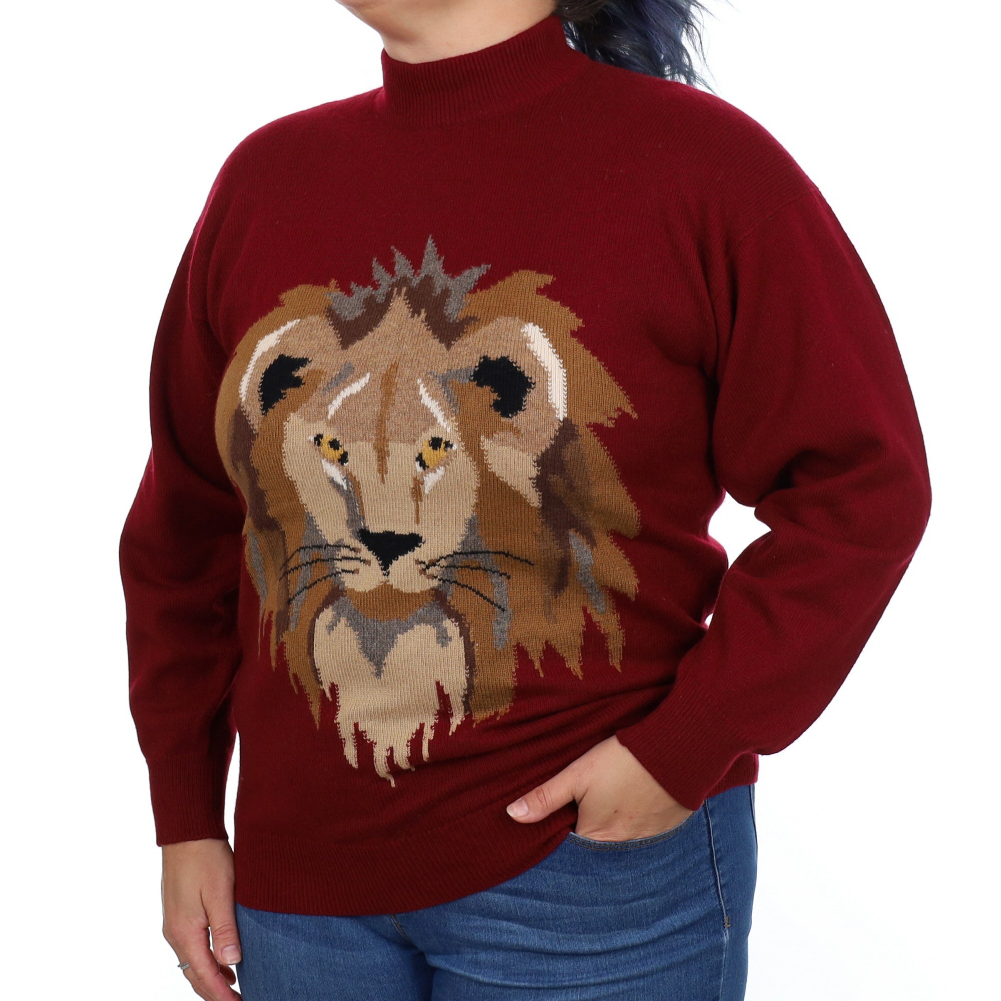 Scottish Burgundy Red Lion Motif Cashmere Turtle Neck Jumper Large