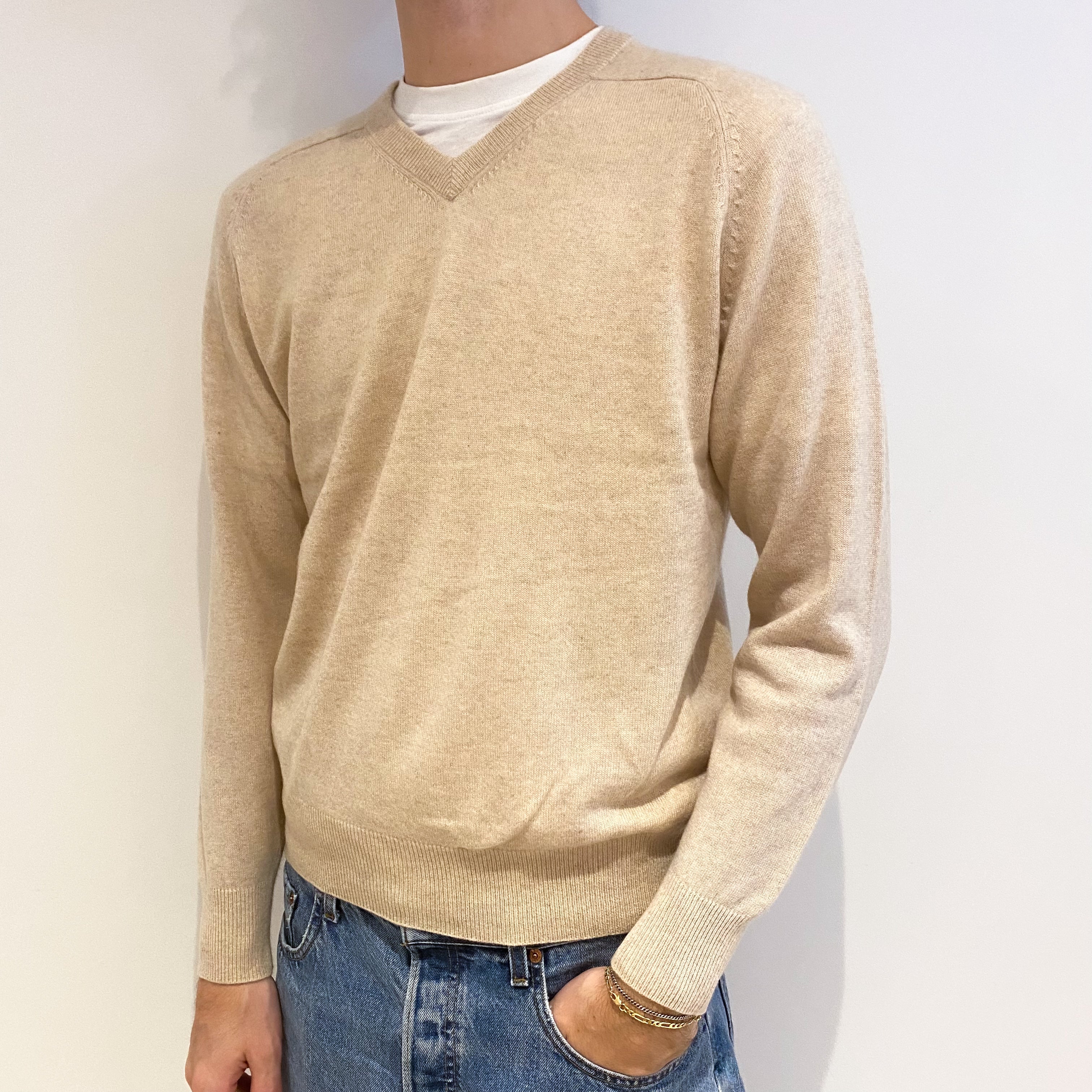 Men's Honey Beige Cashmere V Neck Jumper Large