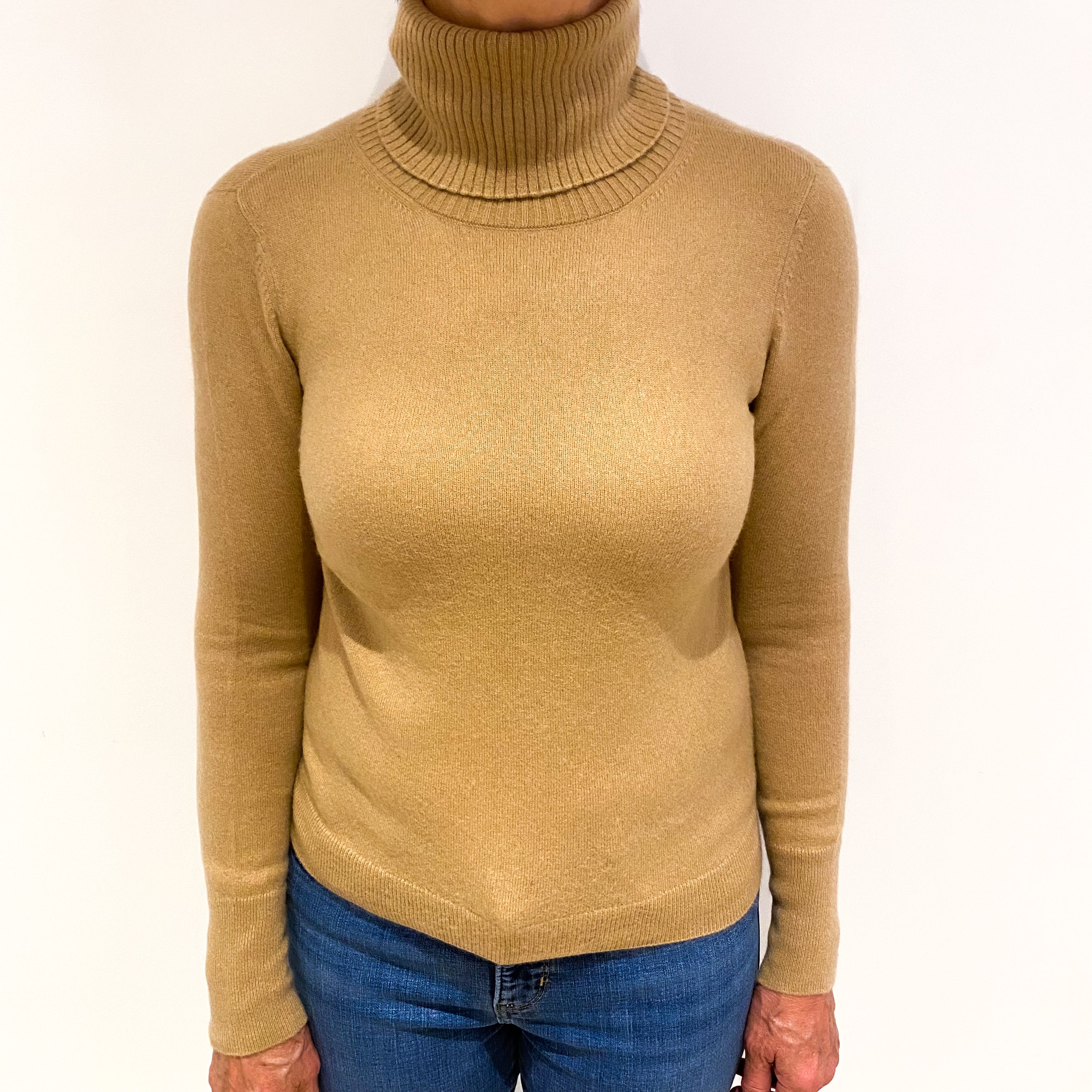 Camel Brown Cashmere Polo Neck Jumper Medium