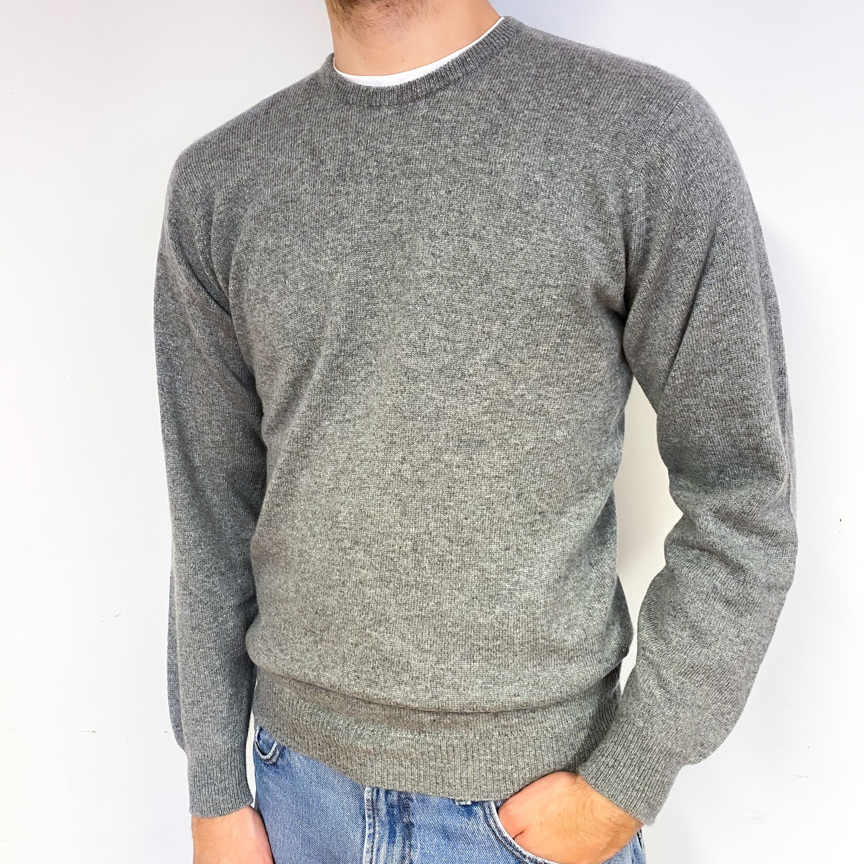 Men's Scottish Ash Grey Cashmere Crew Neck Jumper Medium