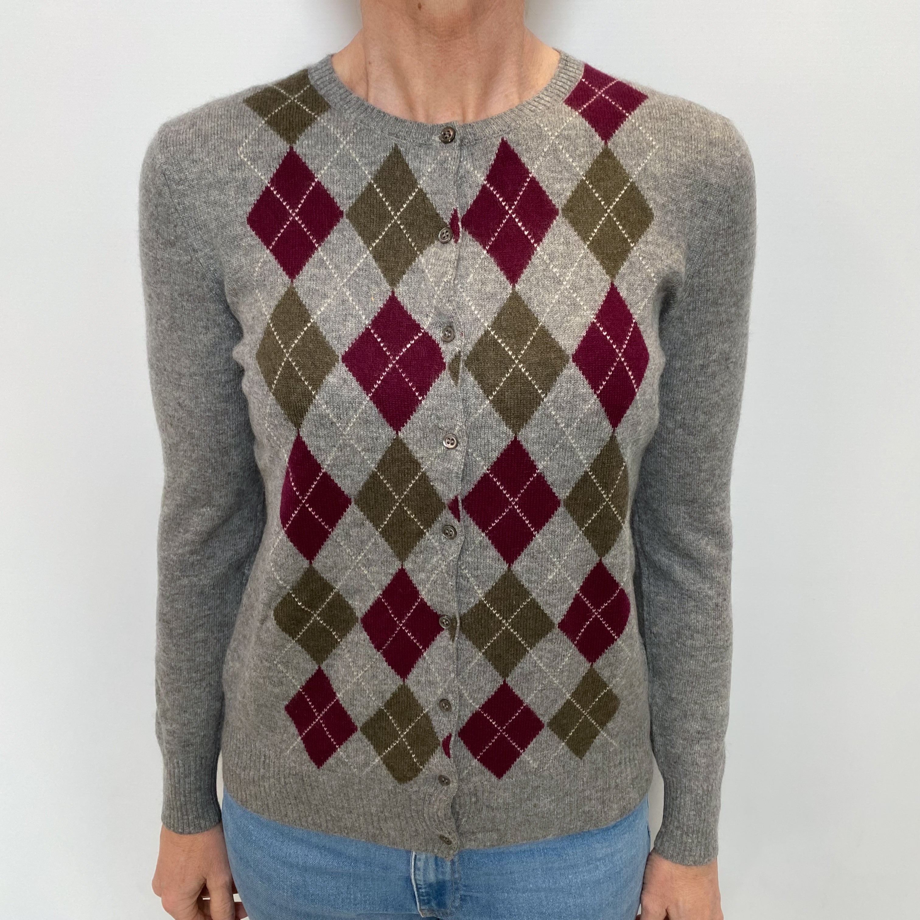 Grey Mulberry Argyle Cashmere Crew Neck Cardigan Small