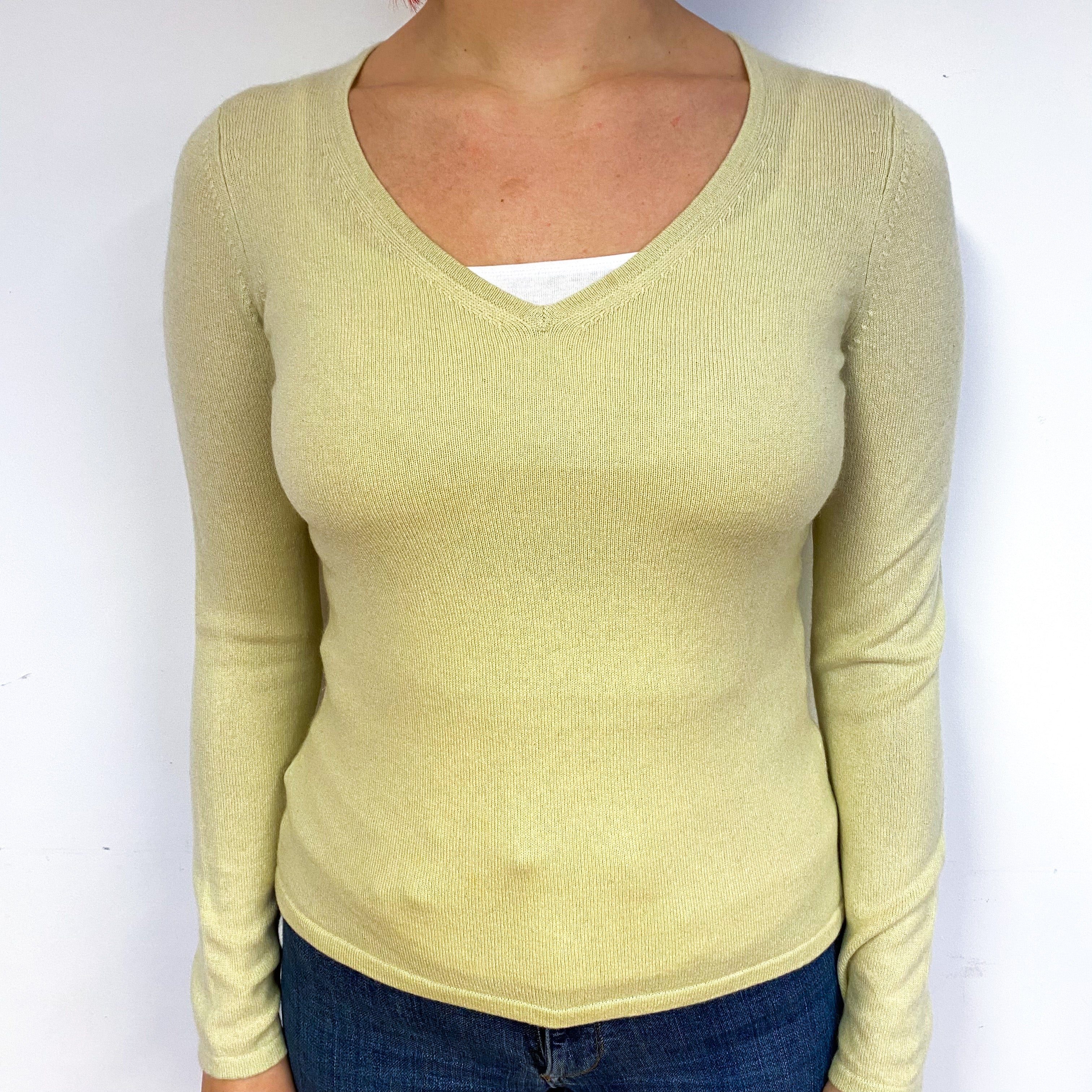 Celery Green Cashmere V-Neck Jumper Small