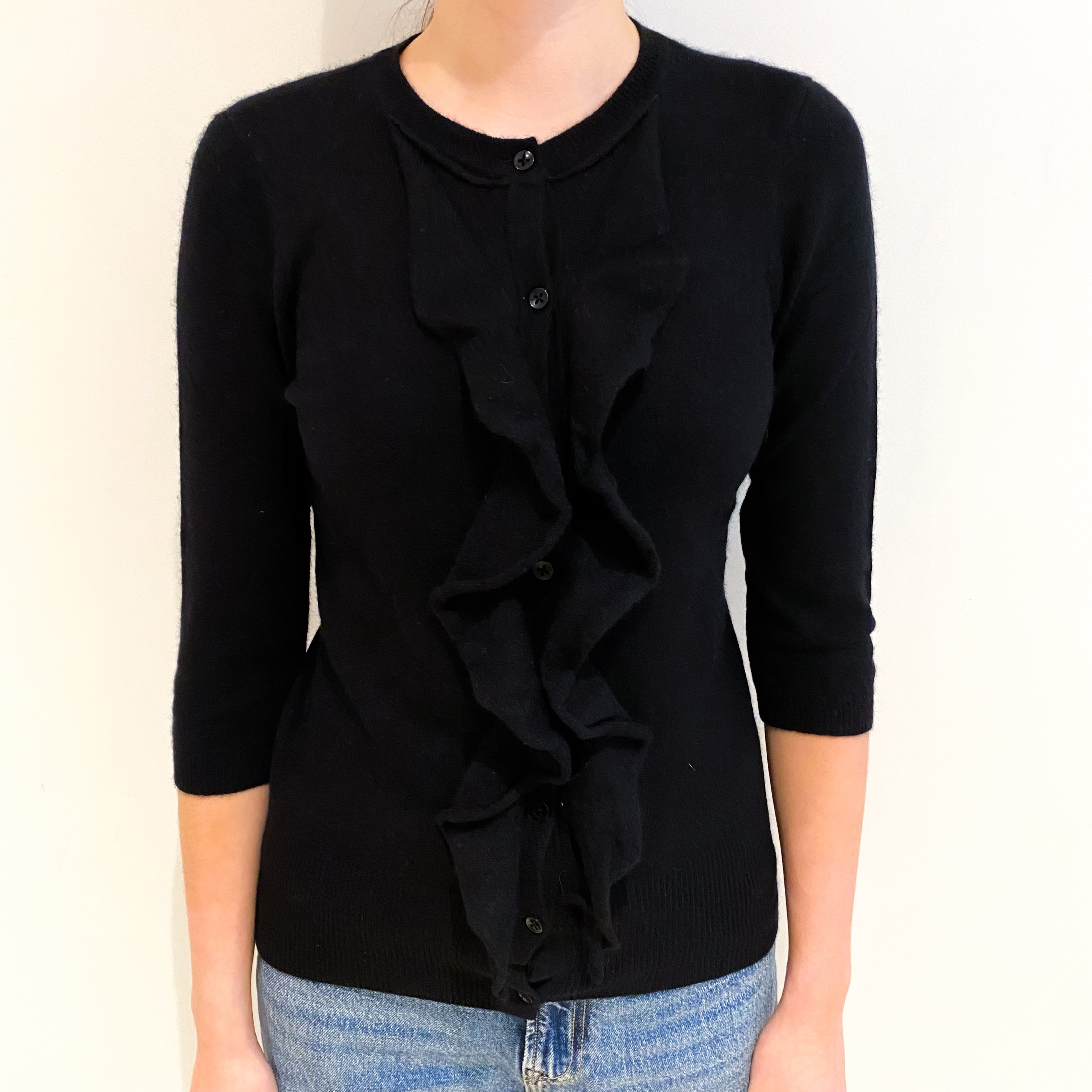 Black Ruffle Front Cashmere Crew Neck Cardigan Extra Small