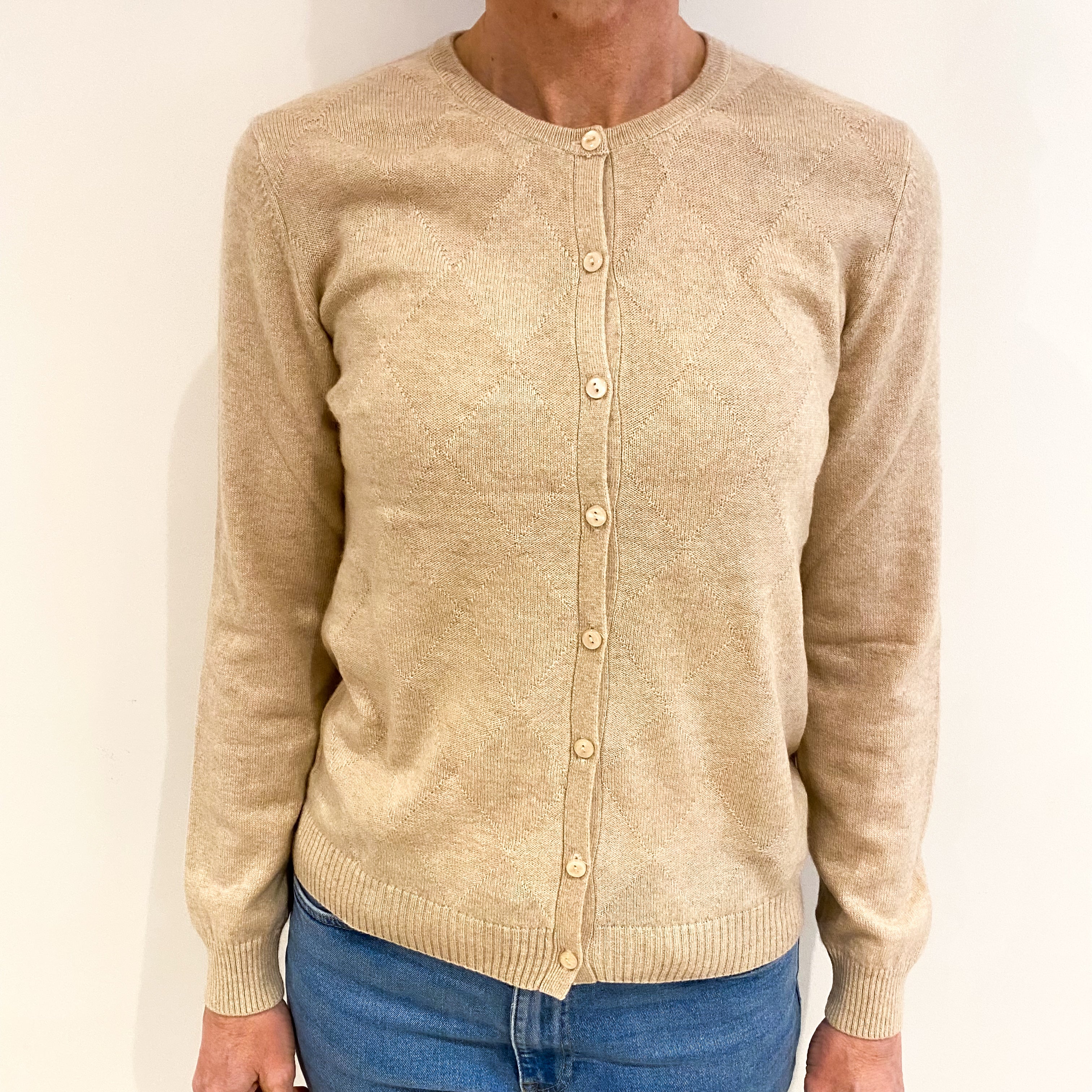 Beige Cashmere Diamond Pattern Crew Neck Cardigan Small