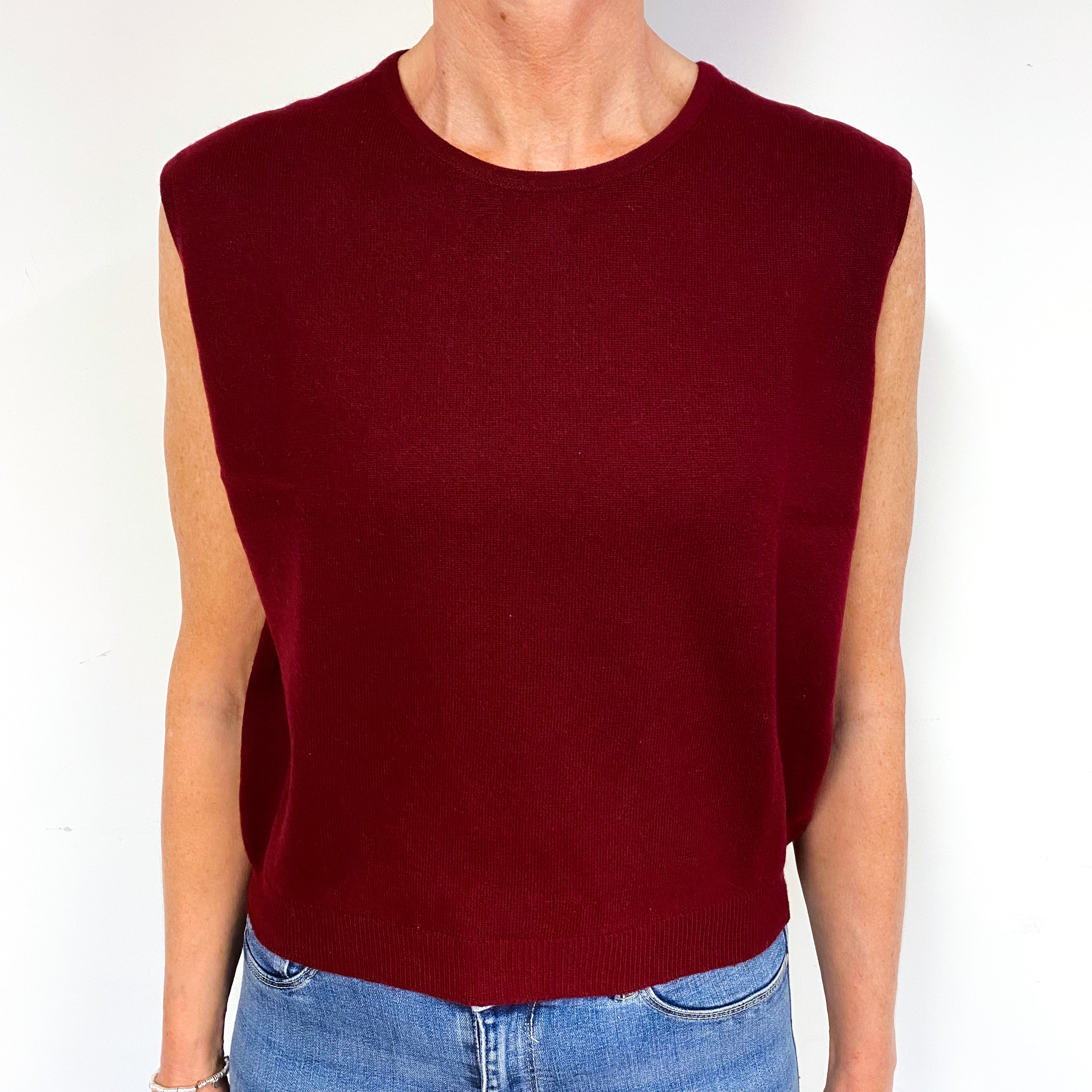 Wine Red Fine Knit Cashmere Crew Neck Tank Top Medium