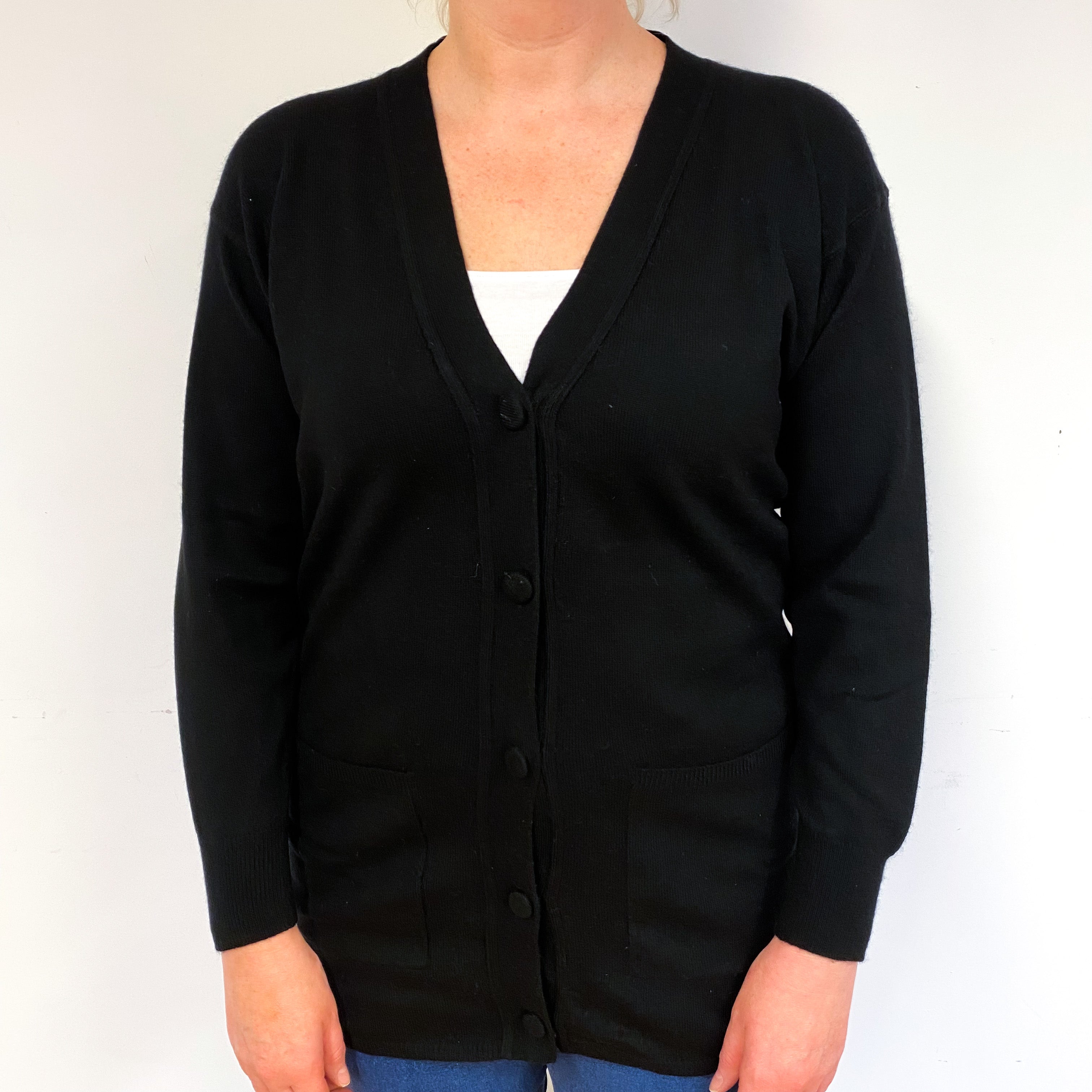 Black Cashmere V-Neck Cardigan with Pockets Large