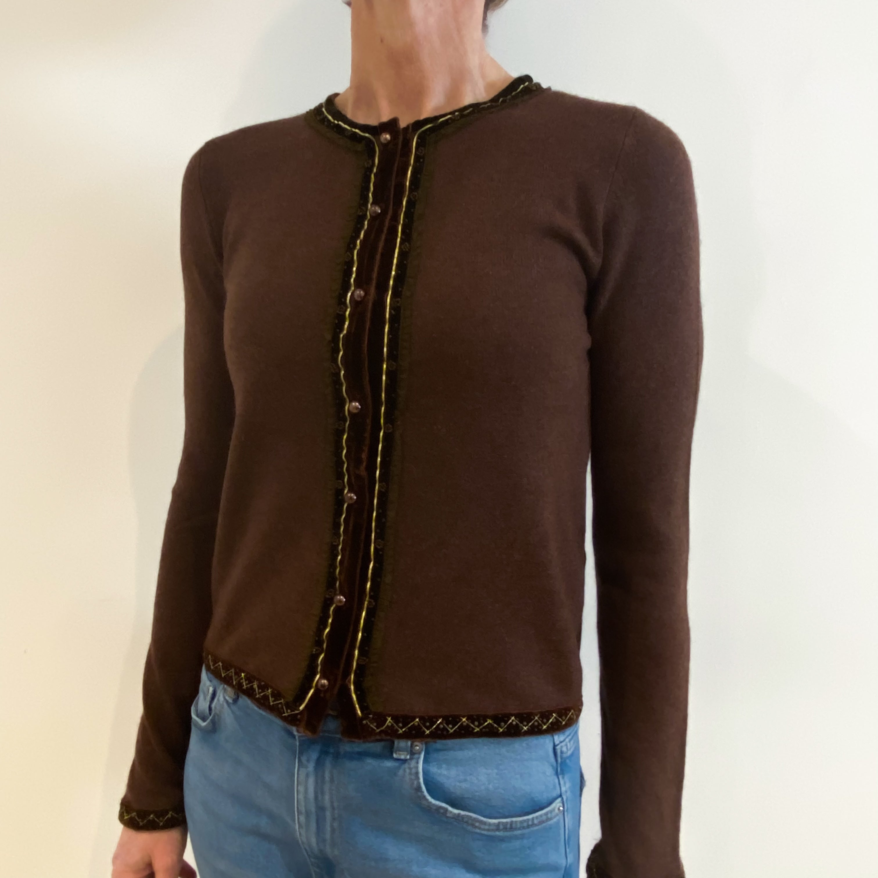 Umber Brown Cashmere Crew Neck Cardigan Small