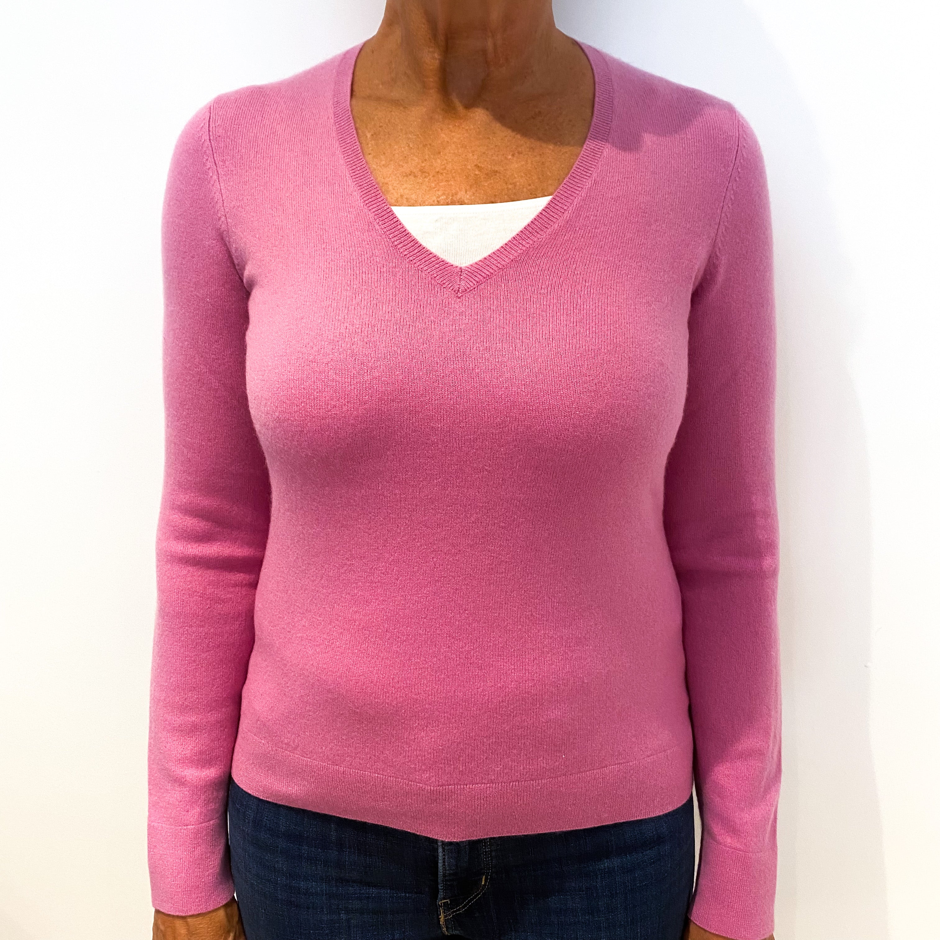 Rose Pink Cashmere V-Neck Jumper Medium