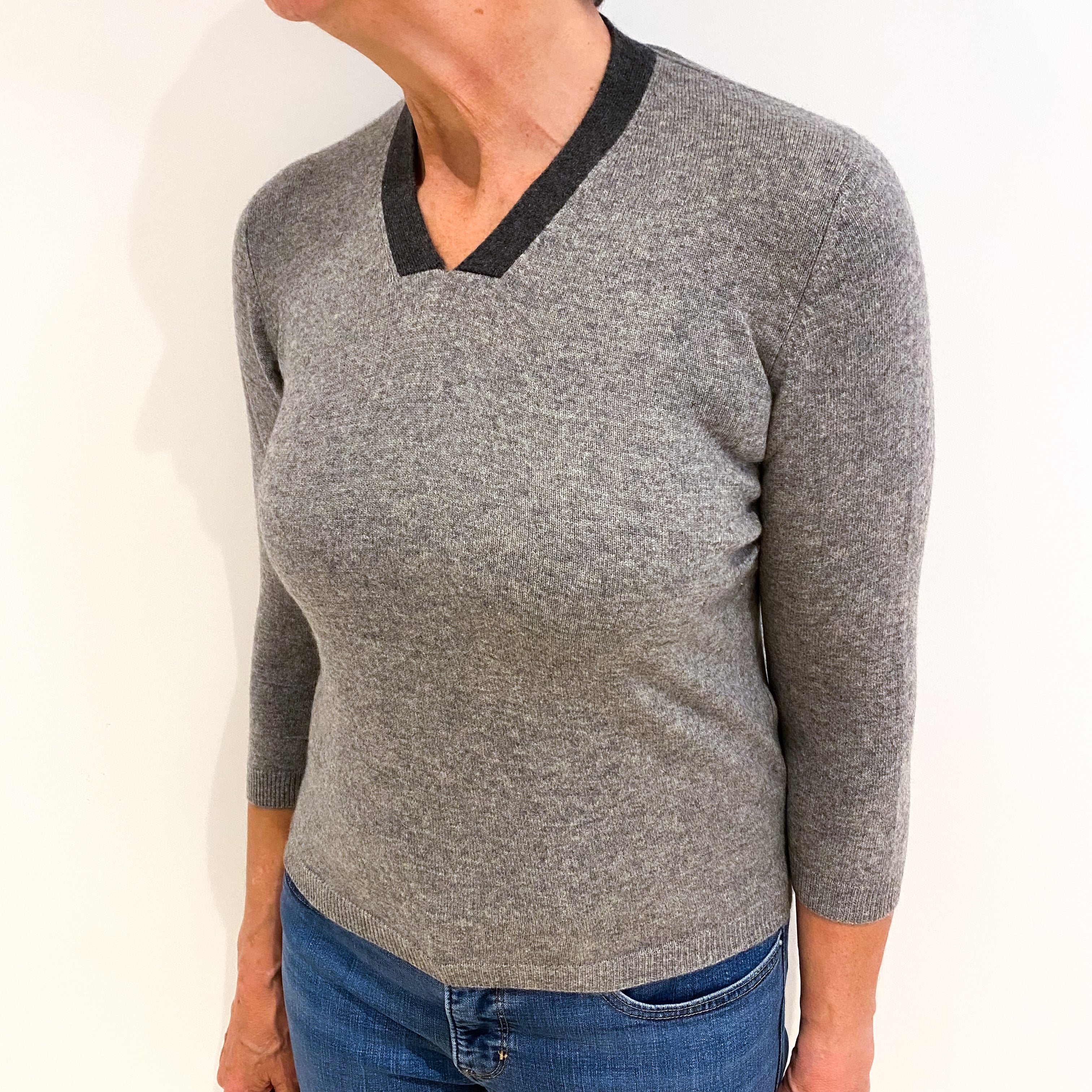 Ash Grey Cashmere V Neck Jumper Medium