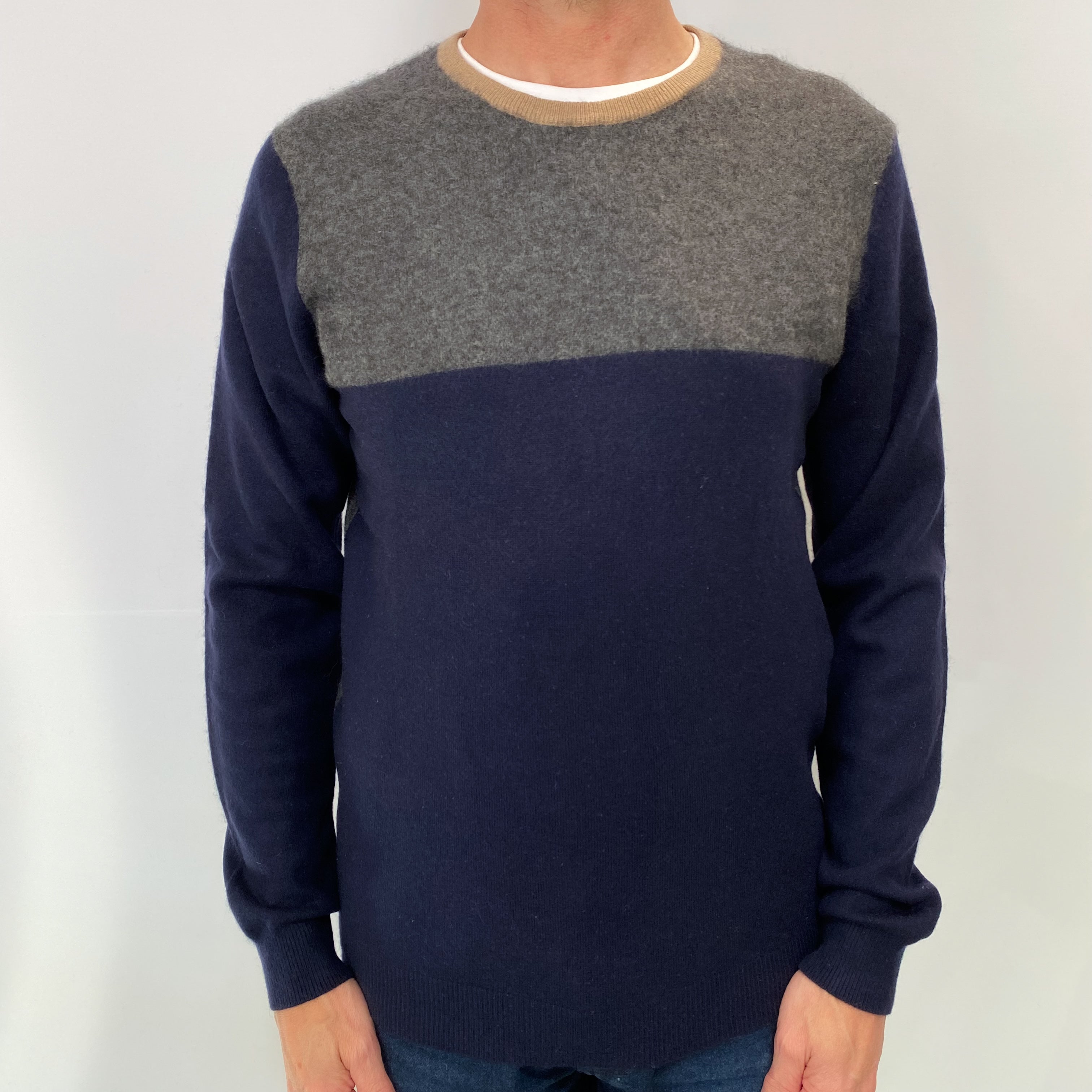 Navy and Grey Colour Block Men's Cashmere Crew Neck Jumper Small