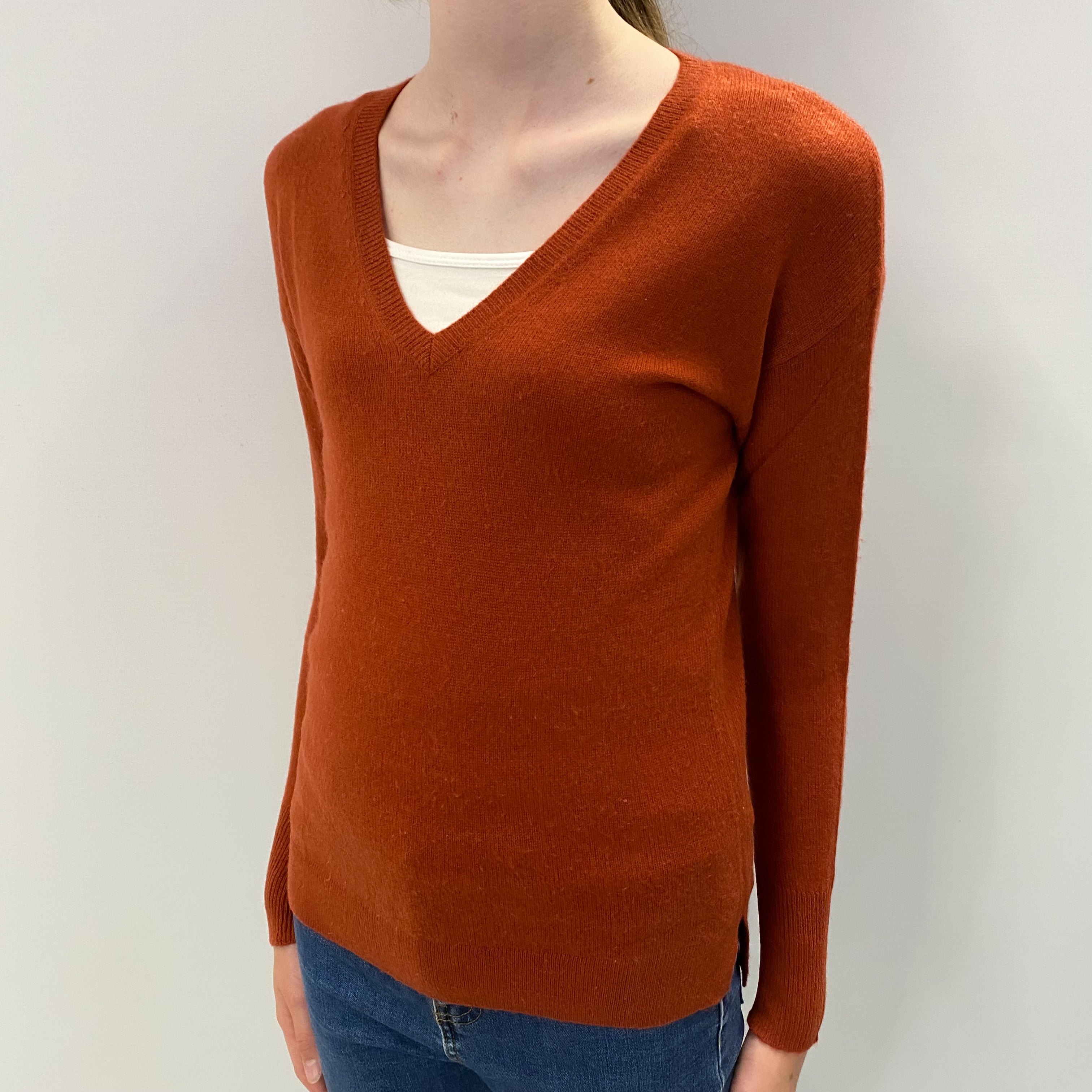 Brick Red Cashmere V Neck Jumper Extra Small