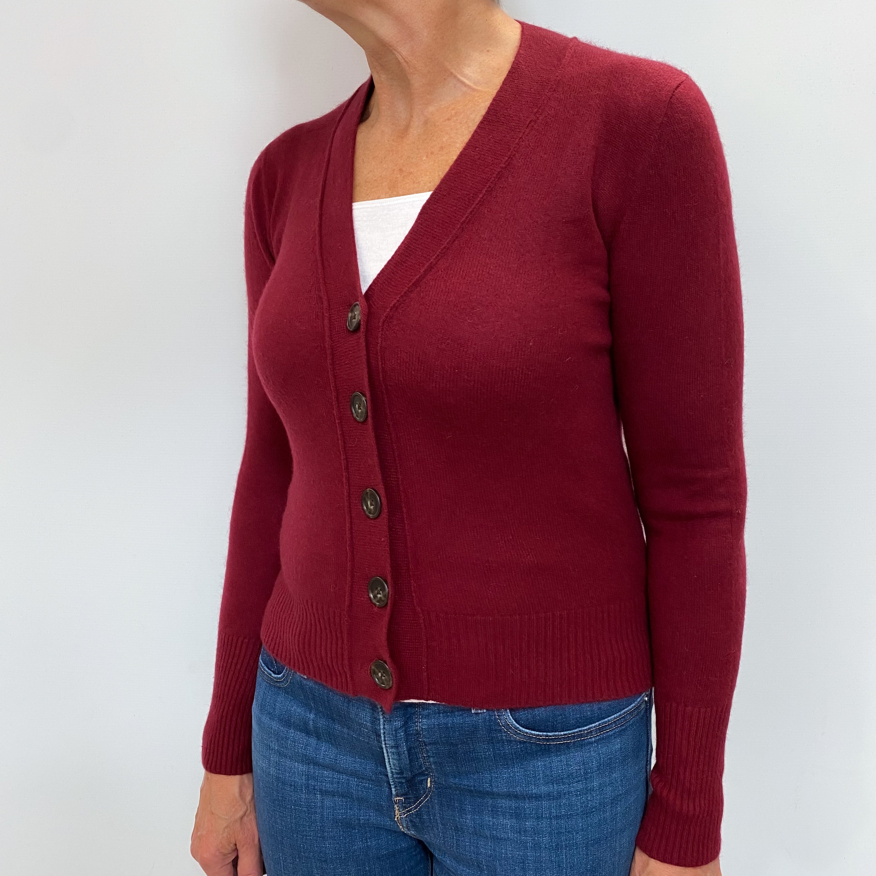 Wine Red Cashmere V Neck Cardigan Medium