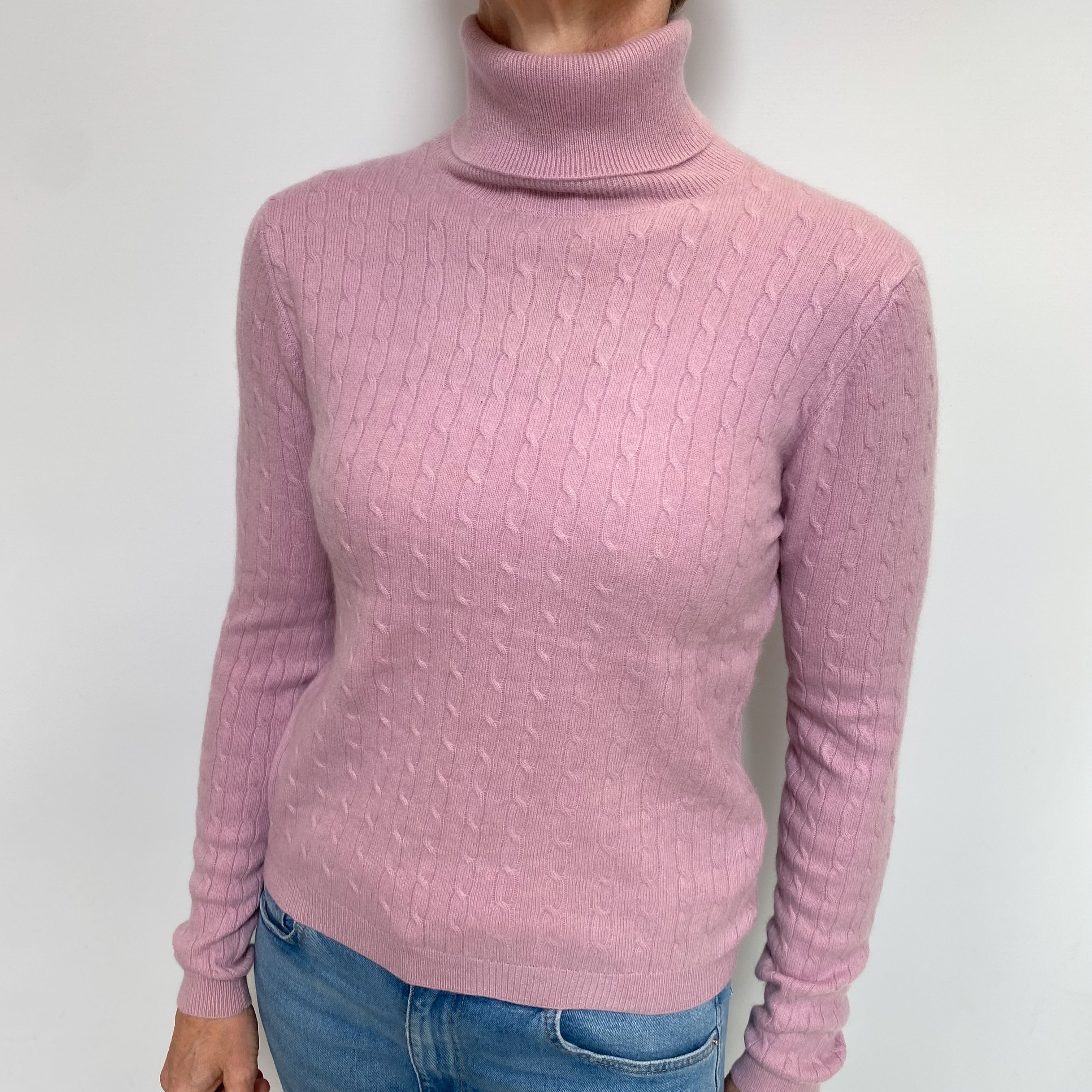 Mauve Pink Cable Cashmere Polo Neck Jumper Small