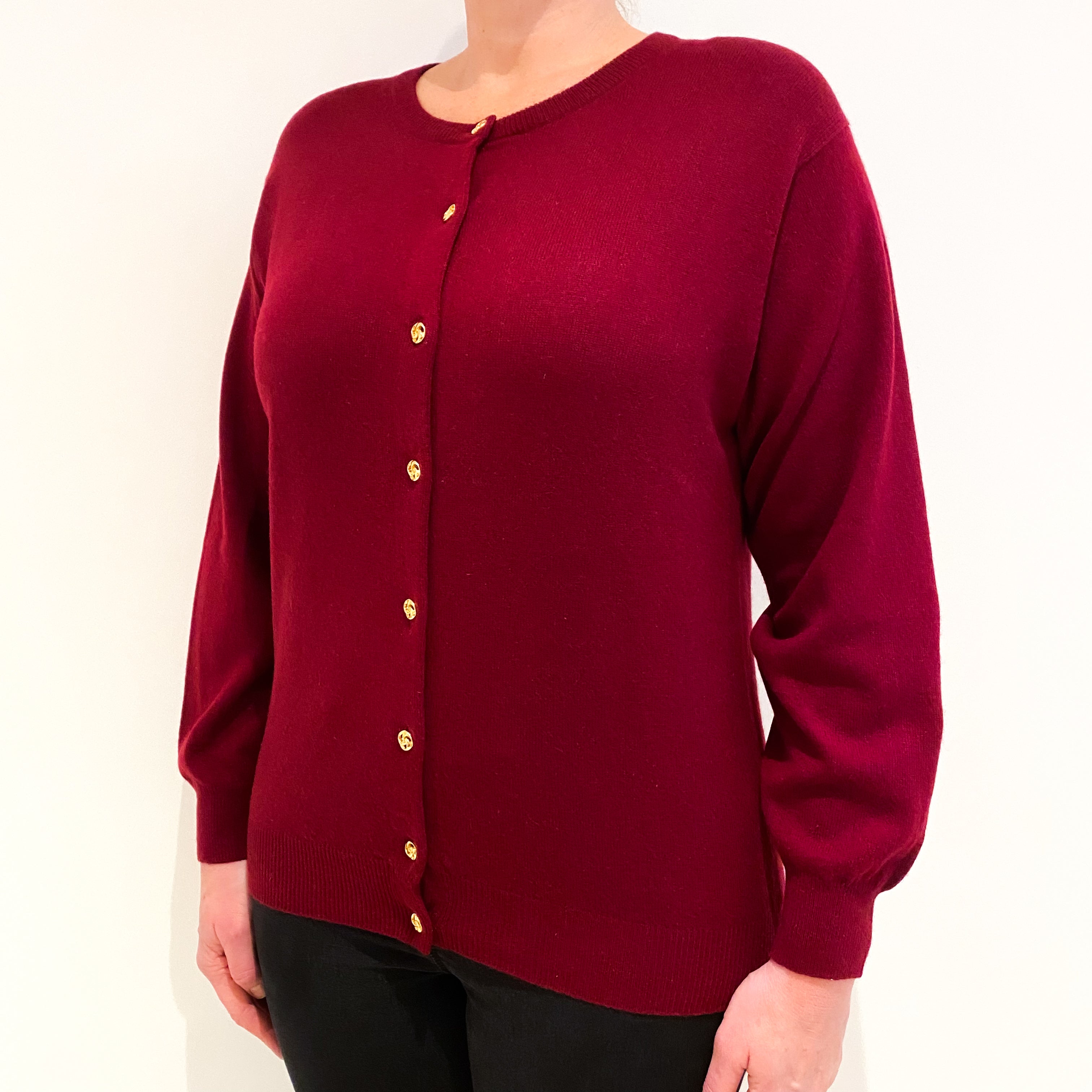 Wine Red Cashmere Crew Neck Cardigan Large