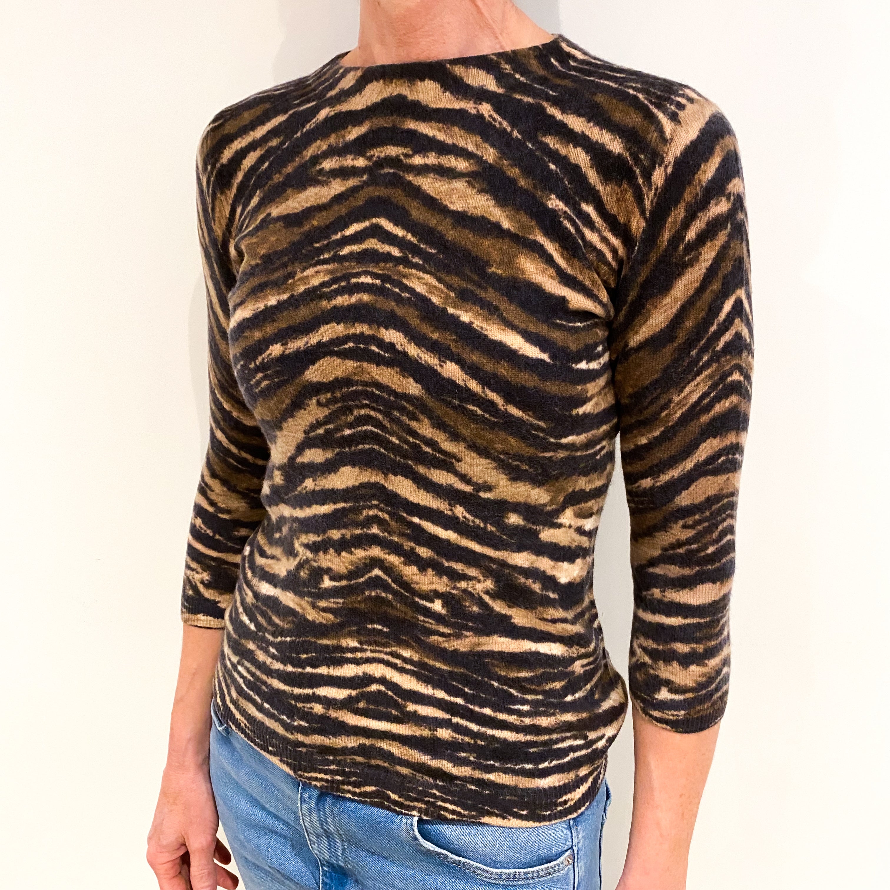 Brown Animal Print Cashmere Crew Neck Jumper Small