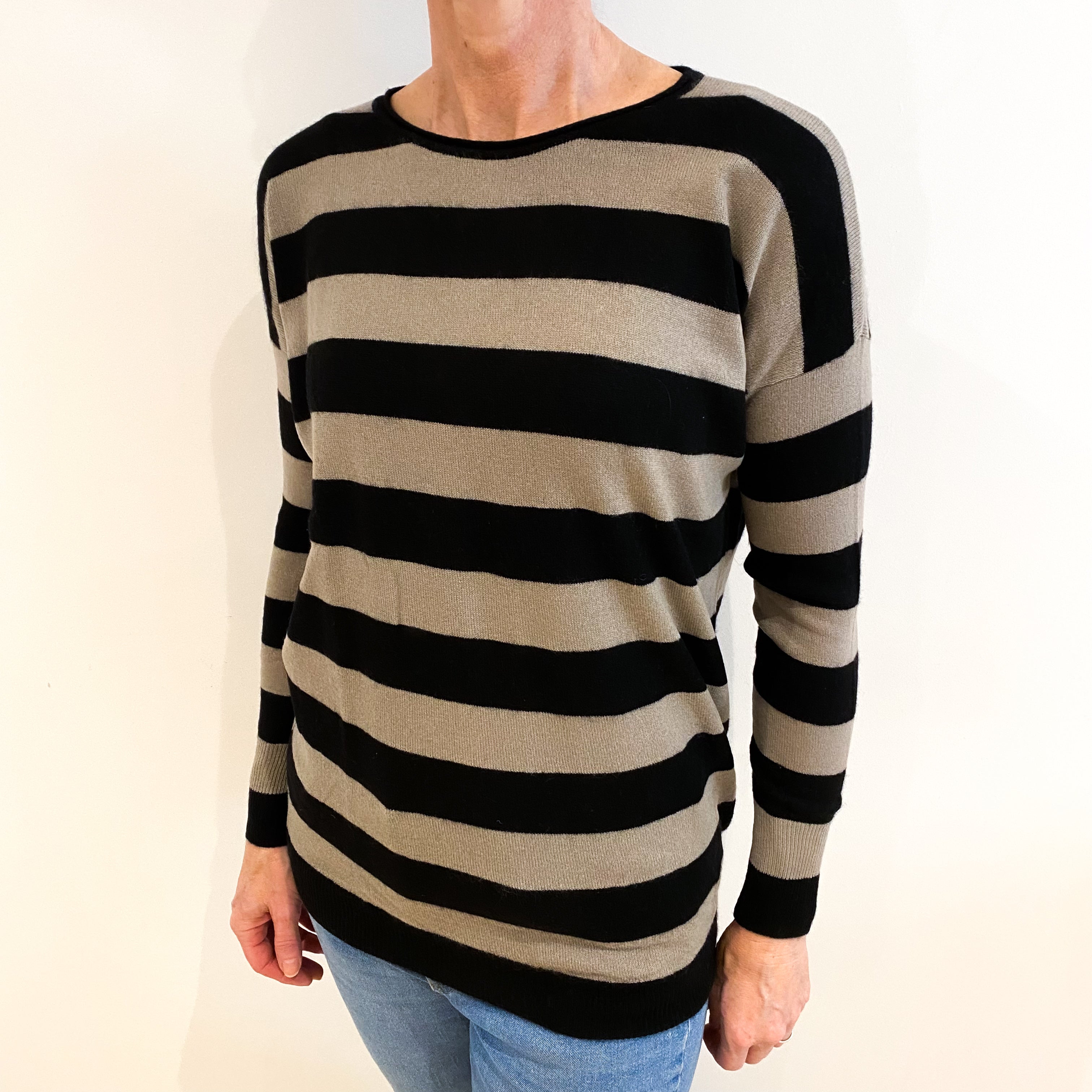 Vince Grey And Black Striped Cashmere Crew Neck Jumper Small