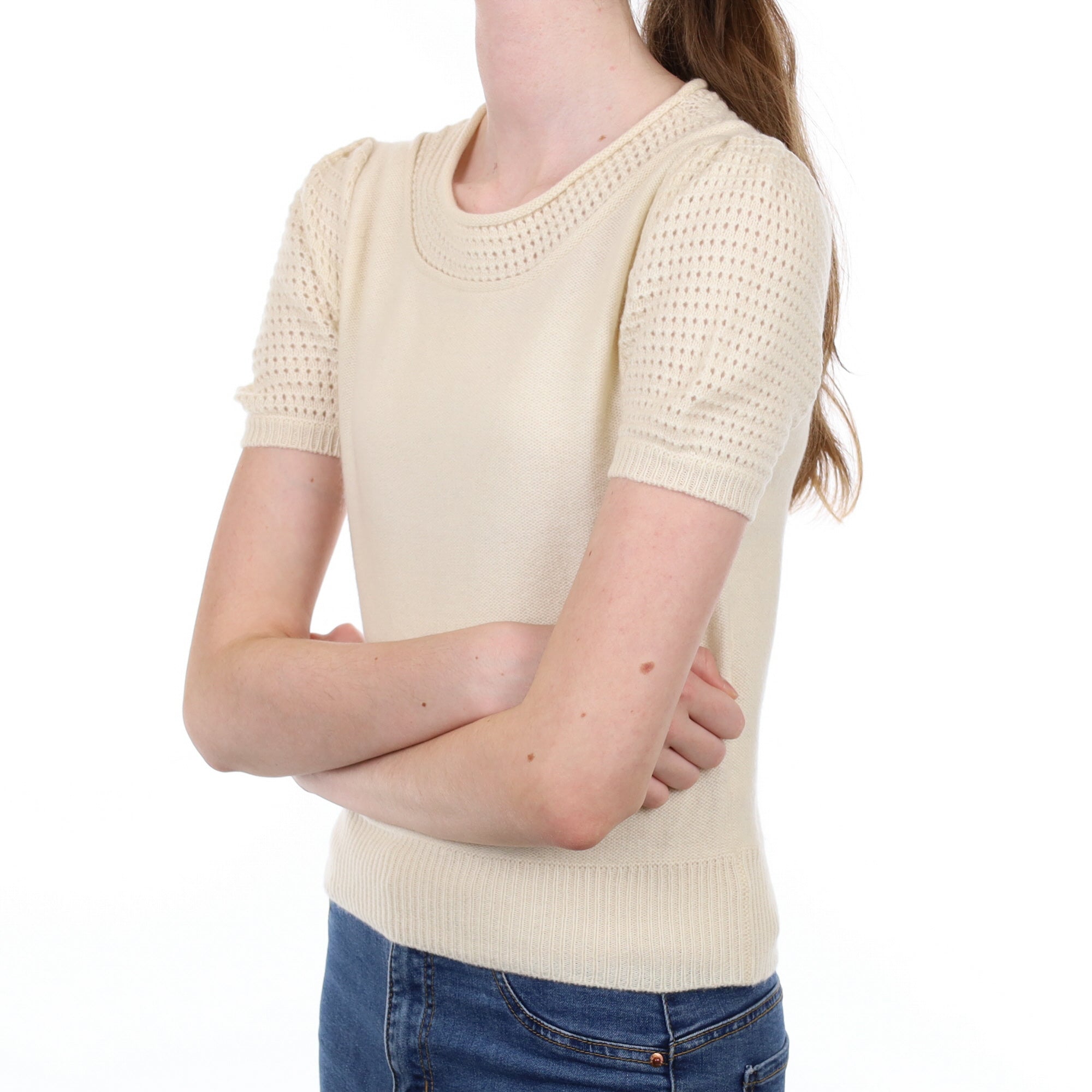 Vanilla Cream Cashmere Crew Neck Short Sleeved Jumper Extra Small