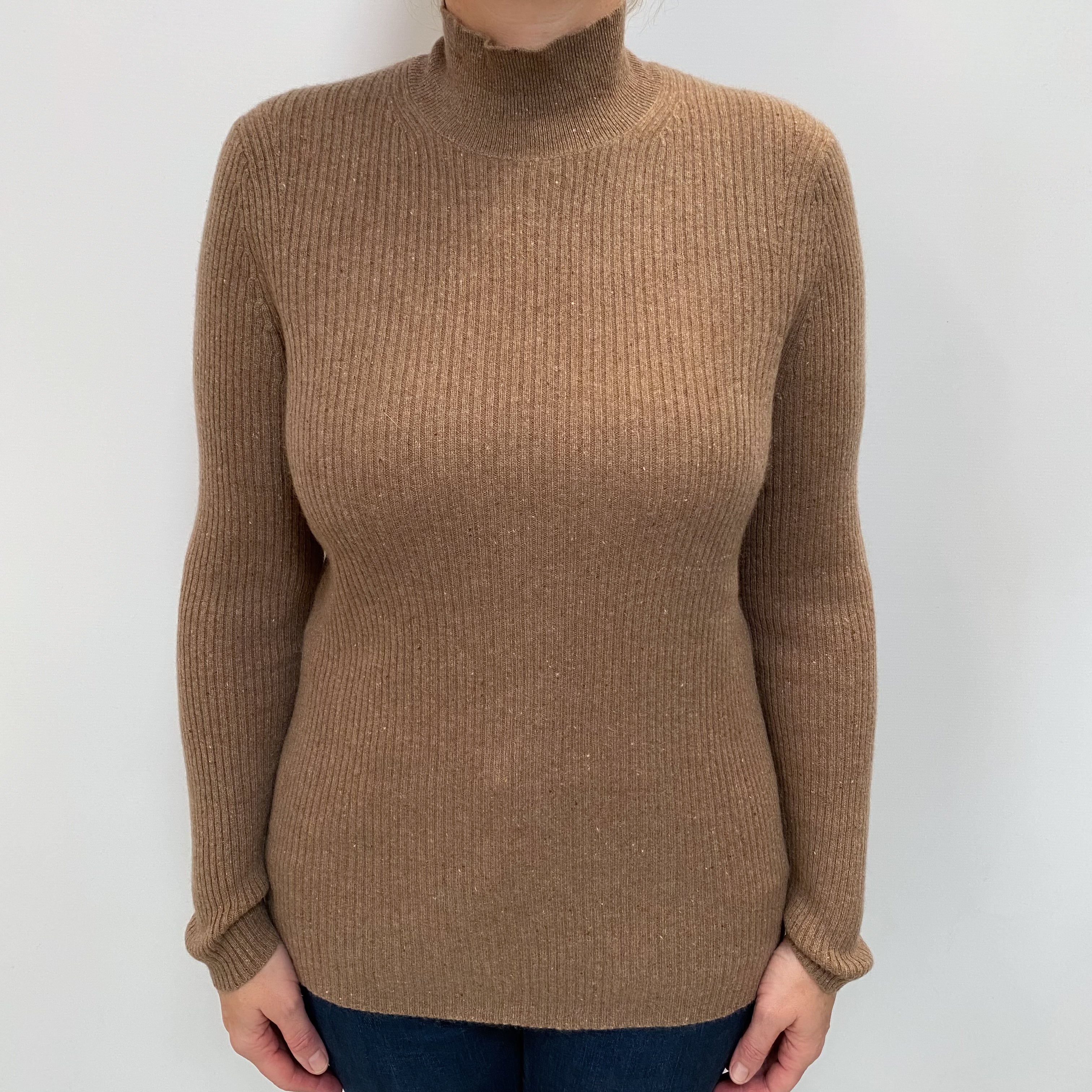 Taupe Brown Flecked Cashmere Turtle Neck Jumper Large