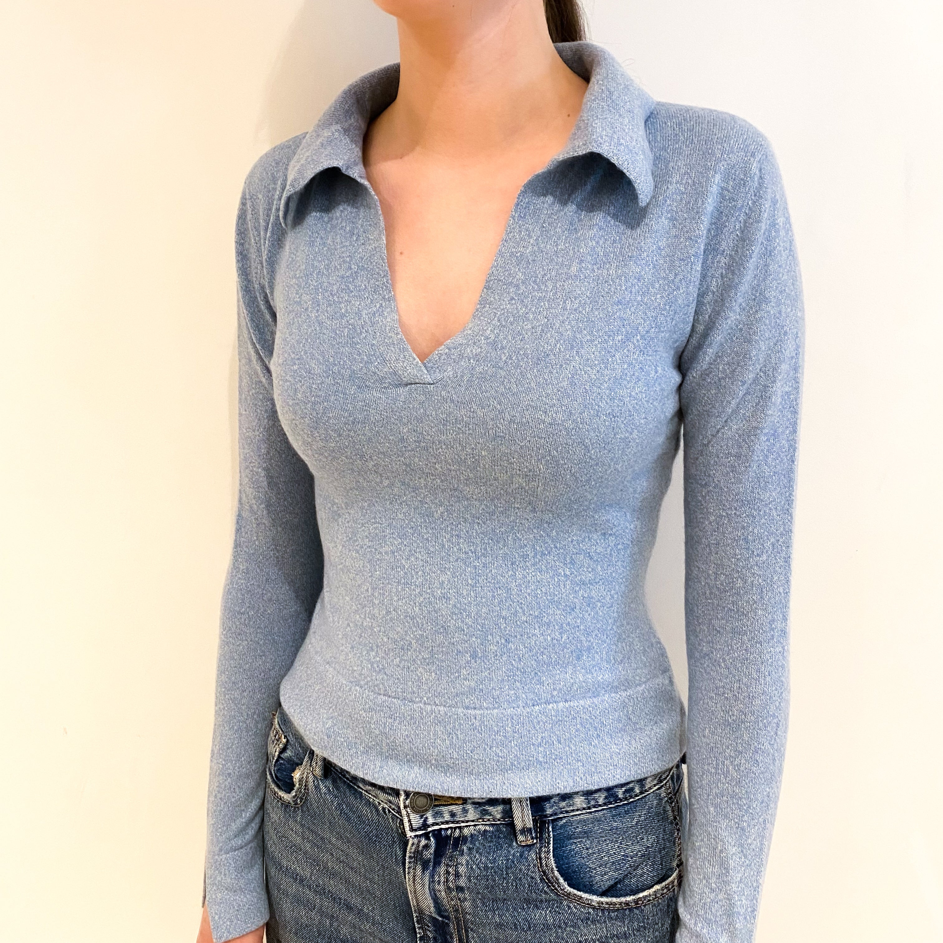 Opal Blue Marl Cashmere Collared V Neck Jumper Extra Small