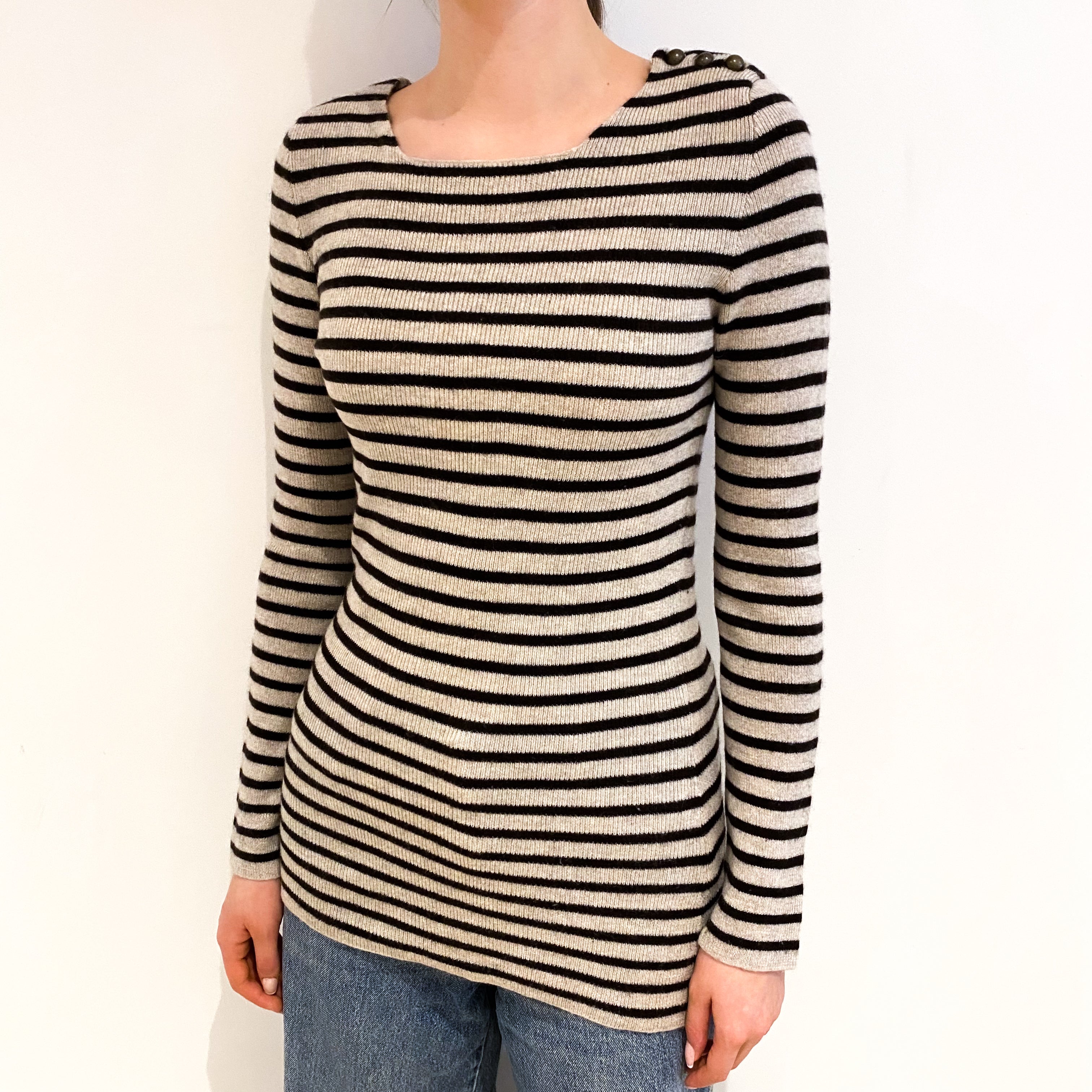 Beige And Black Striped Cashmere Crew Neck Jumper Extra Small