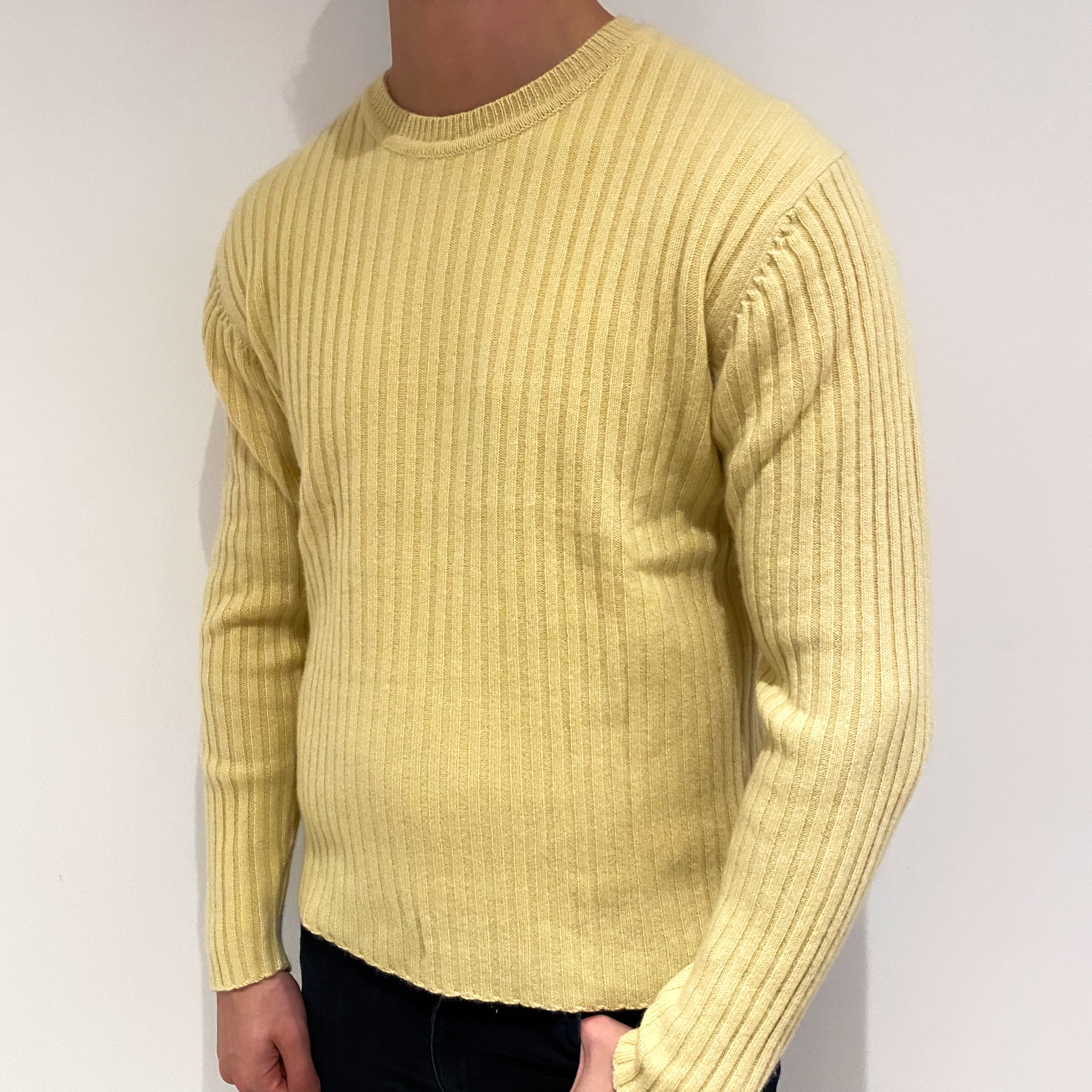 Men's Primrose Yellow Cashmere Crew Neck Ribbed Jumper XL